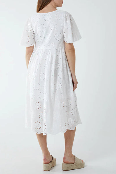 White Broderie Button Midi Dress