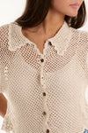 Ivory Crochet Cropped Scallop Hem Shirt