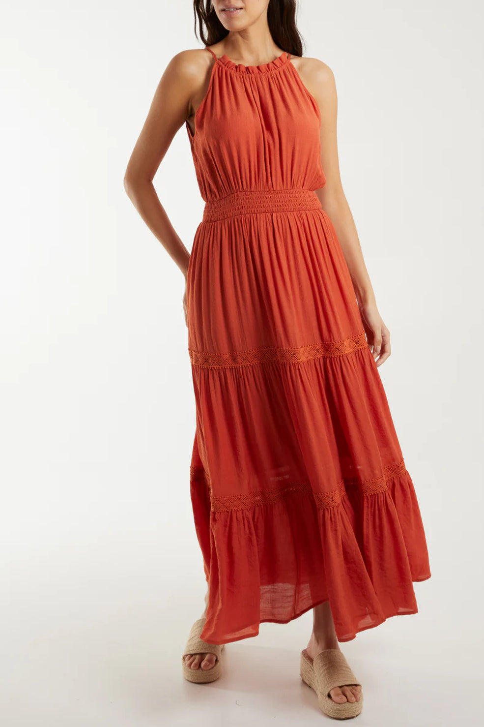 Orange Crochet Tiered Halterneck Maxi Dress