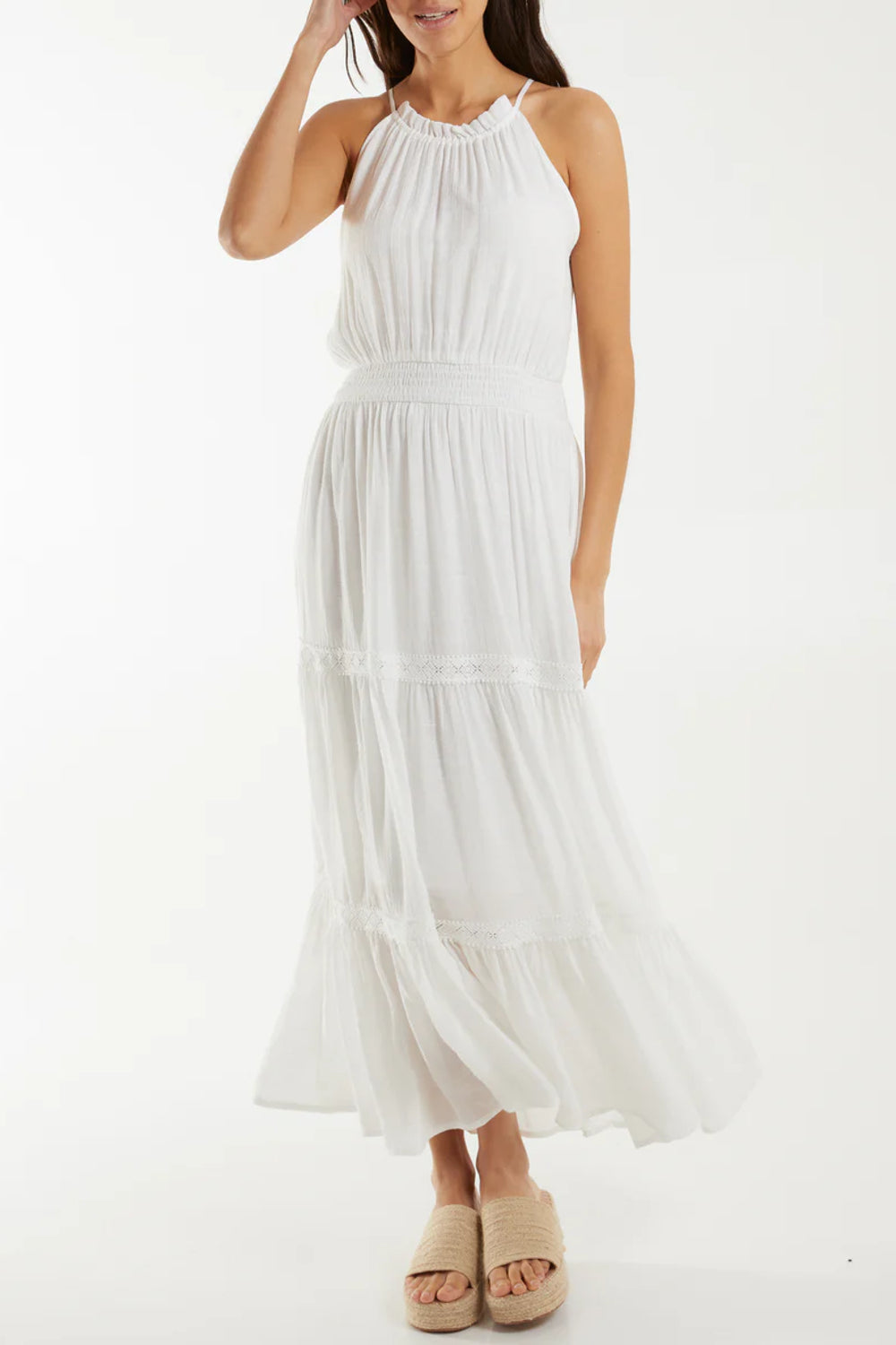 White Crochet Tiered Halterneck Maxi Dress