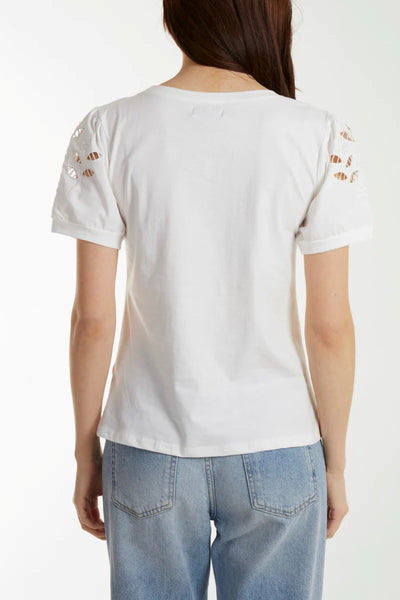 White Embroidered Sleeve T-Shirt