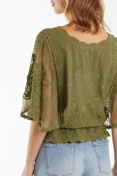 Khaki Floral Lace Butterfly Sleeve Blouse