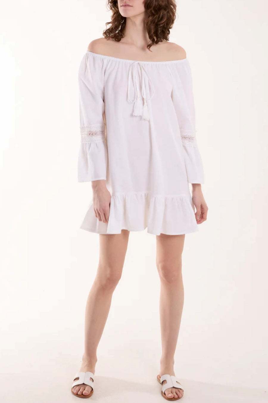 White Lace Trim Bardot Mini Tunic Dress