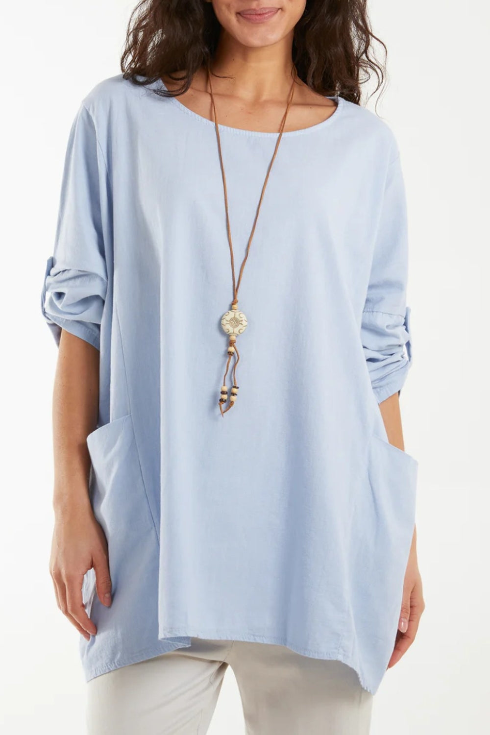 Light Blue Oversized Buttoned Sleeve Top with Necklace
