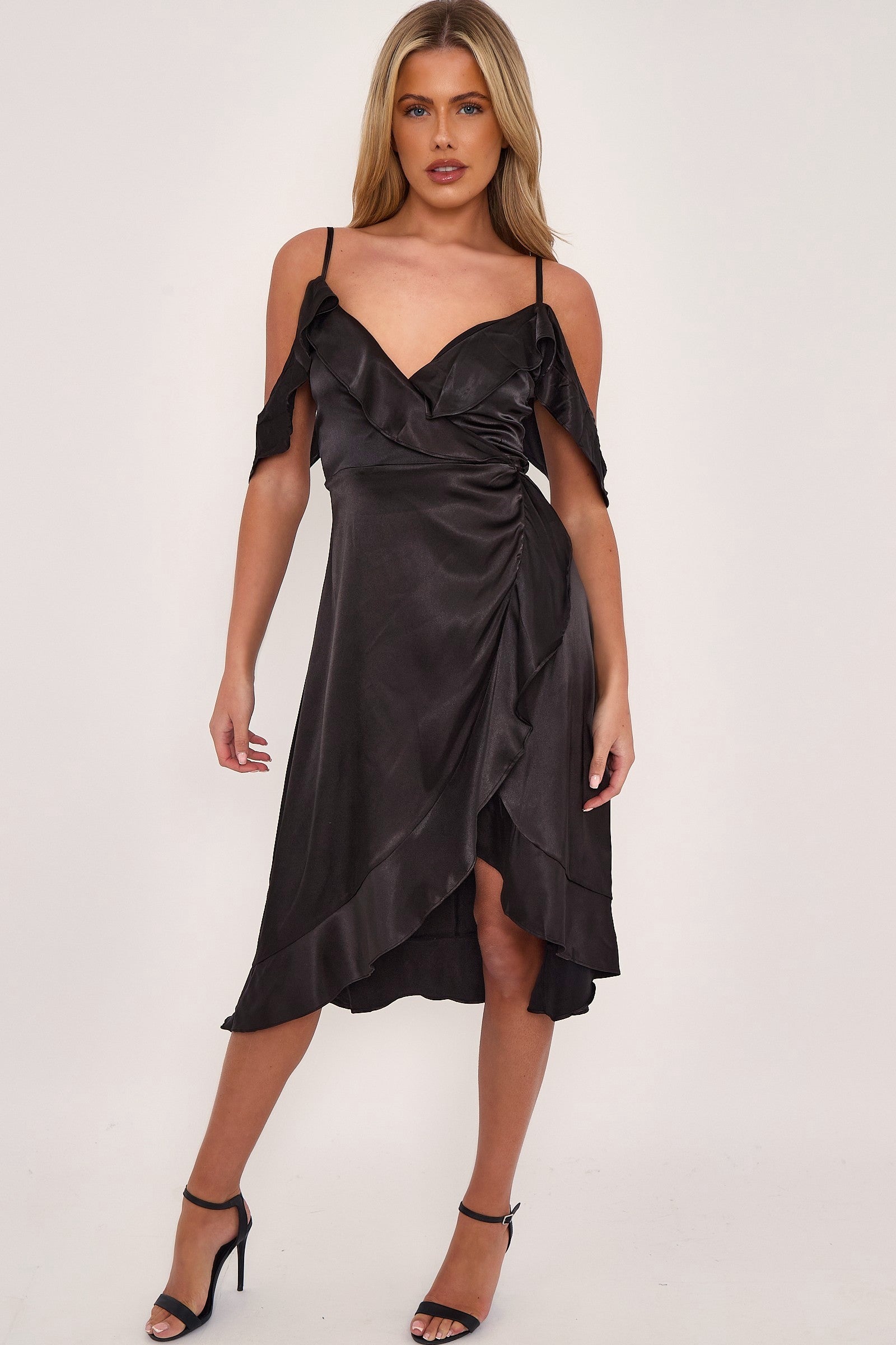 Black Off Shoulder Satin Midi Dress