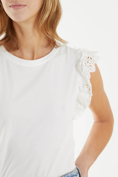 White Ruffle Broderie Anglaise Sleeve T-Shirt