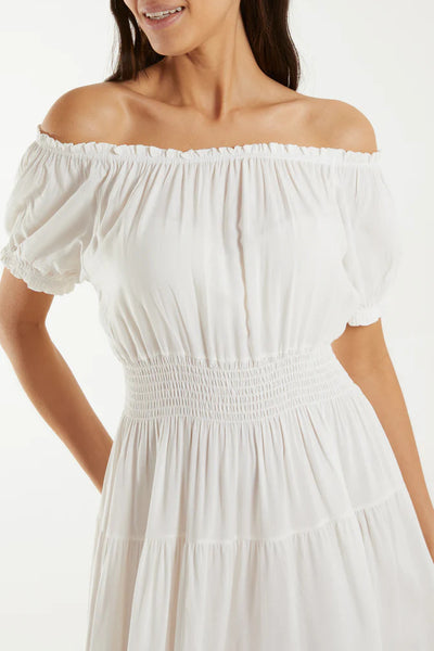 White Shirred Bardot Tiered Midi Dress