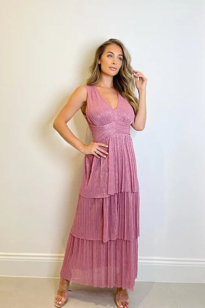 Chantia Pink Plisse Maxi Dress With Tiered Skirt
