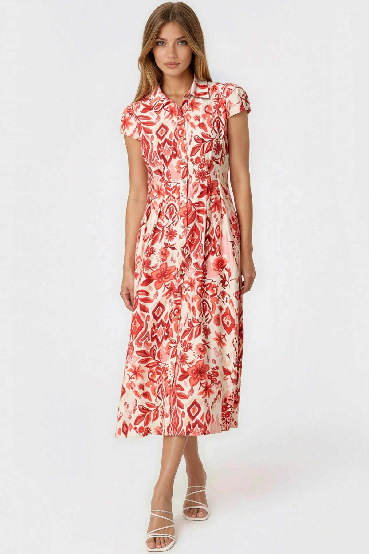 Orange Floral Shirt Midi Dress