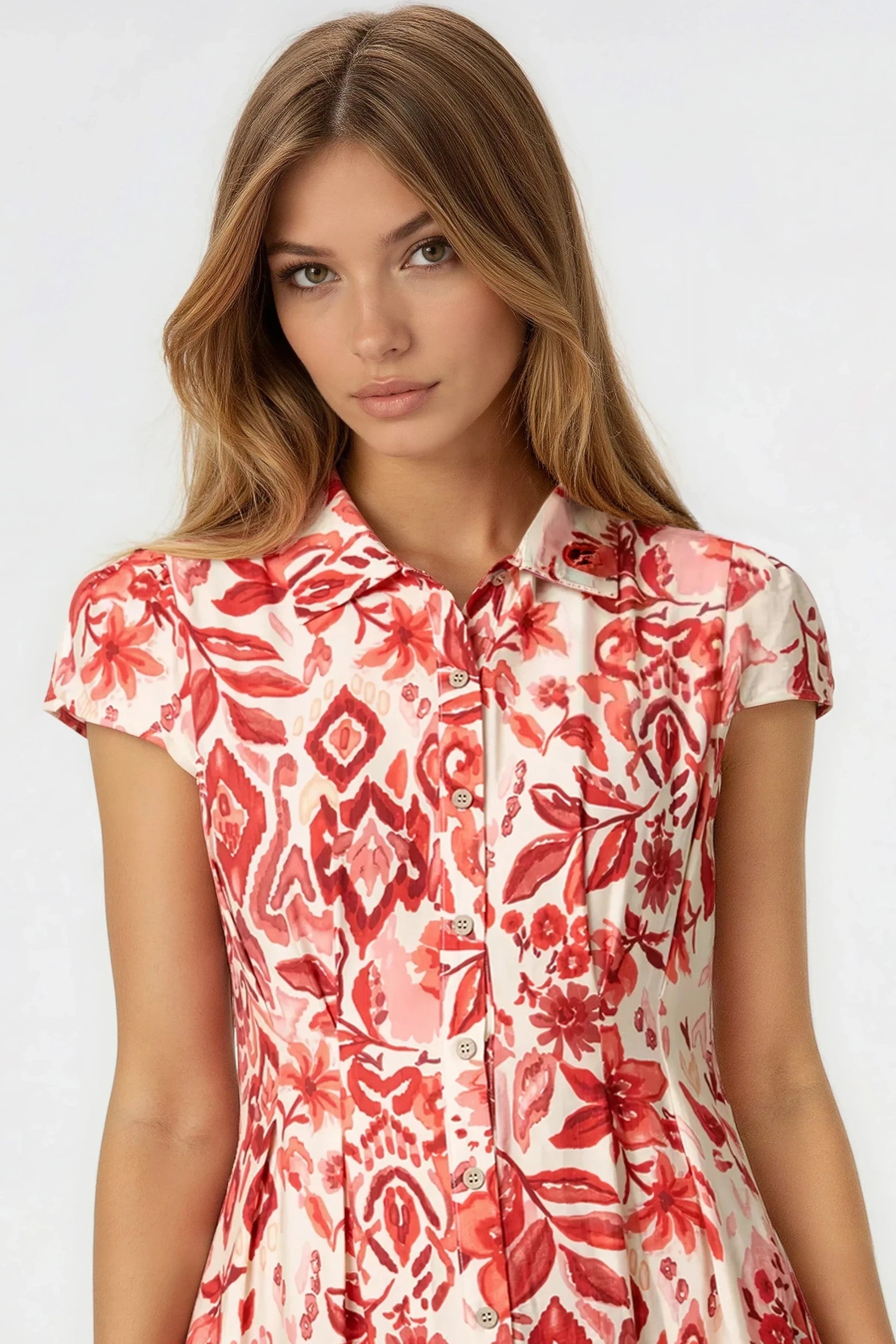 Orange Floral Shirt Midi Dress