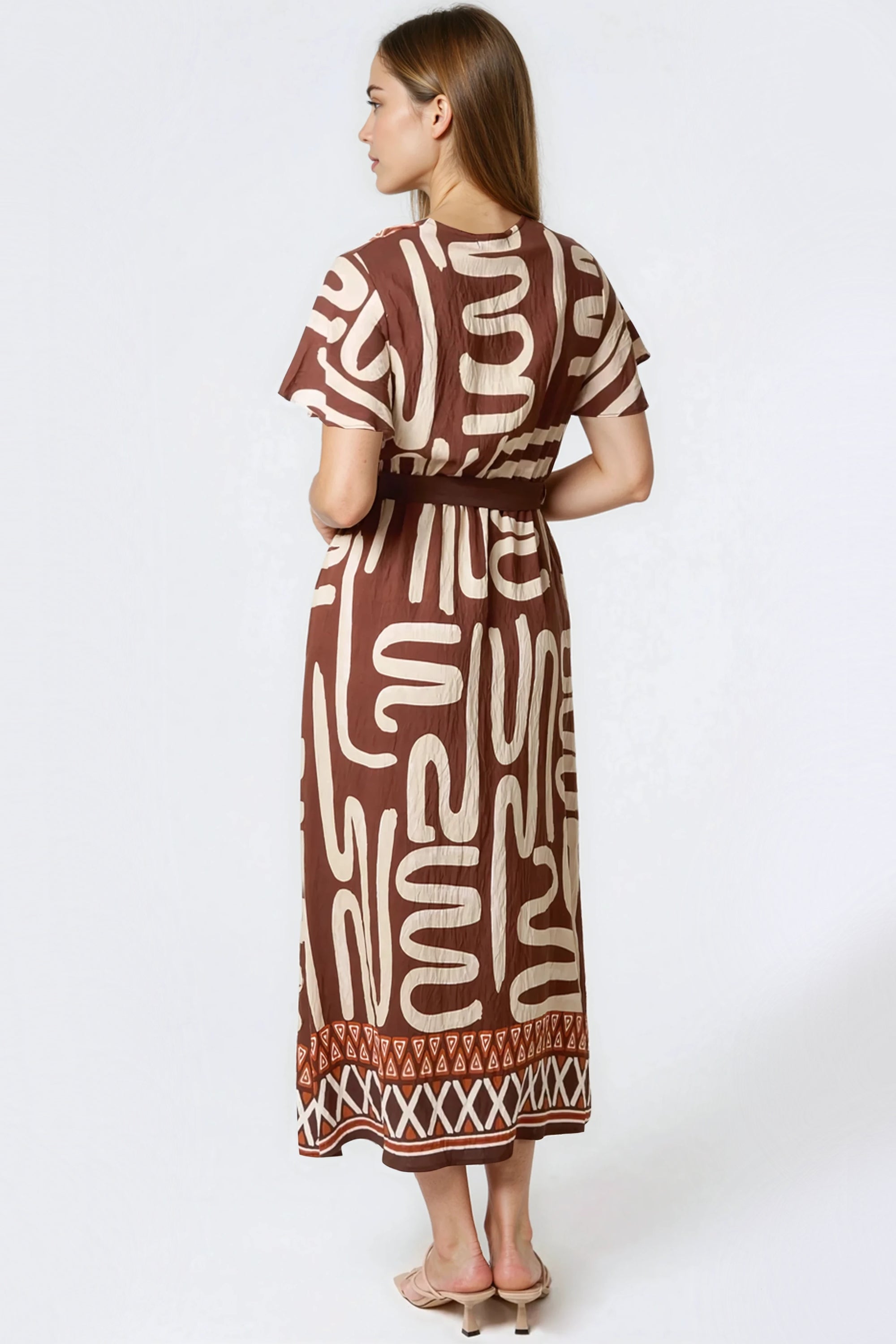Brown Abstract Print Wrap Midi Dress