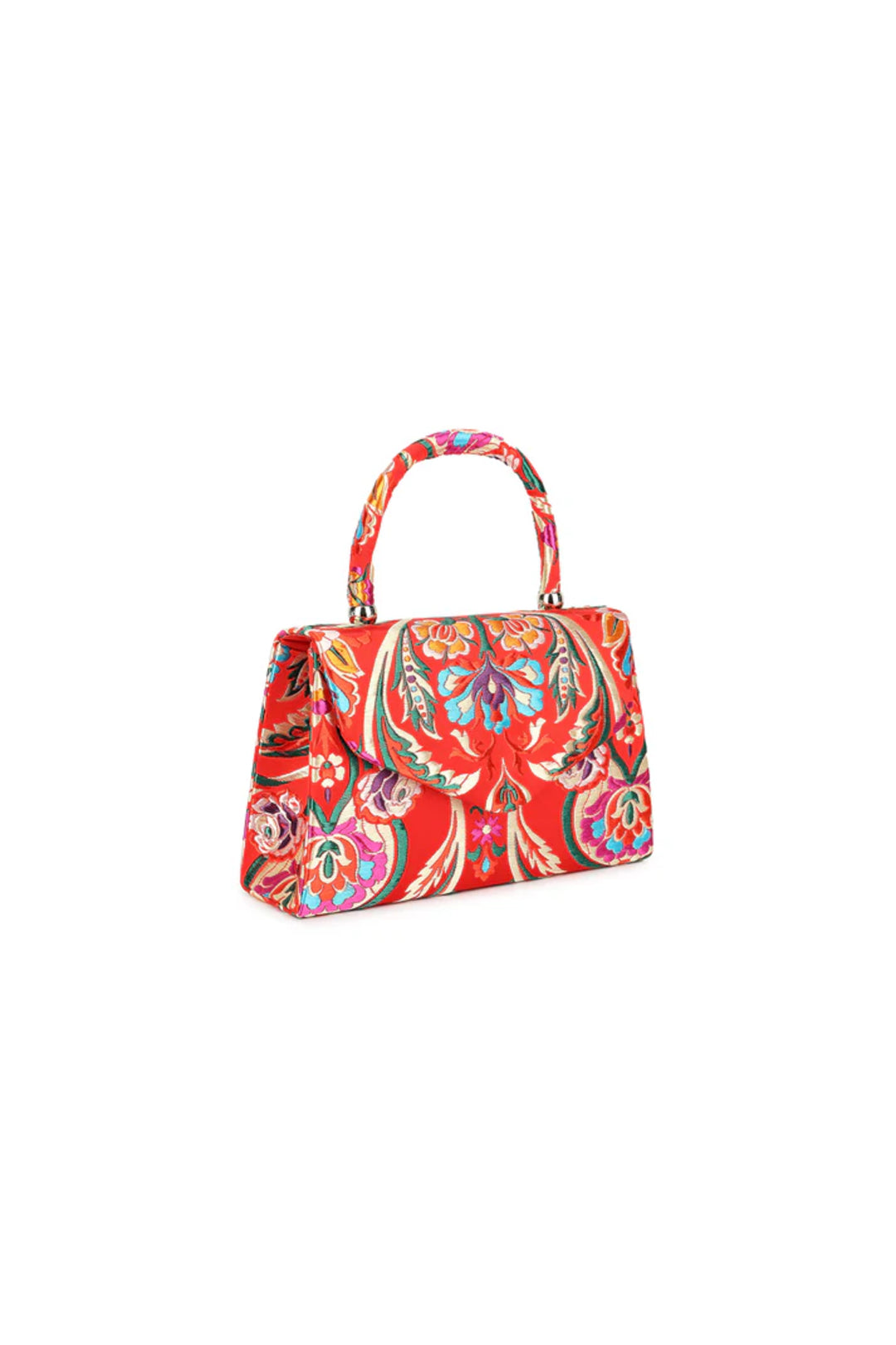 Red Floral Satin Small Top Handle Bag