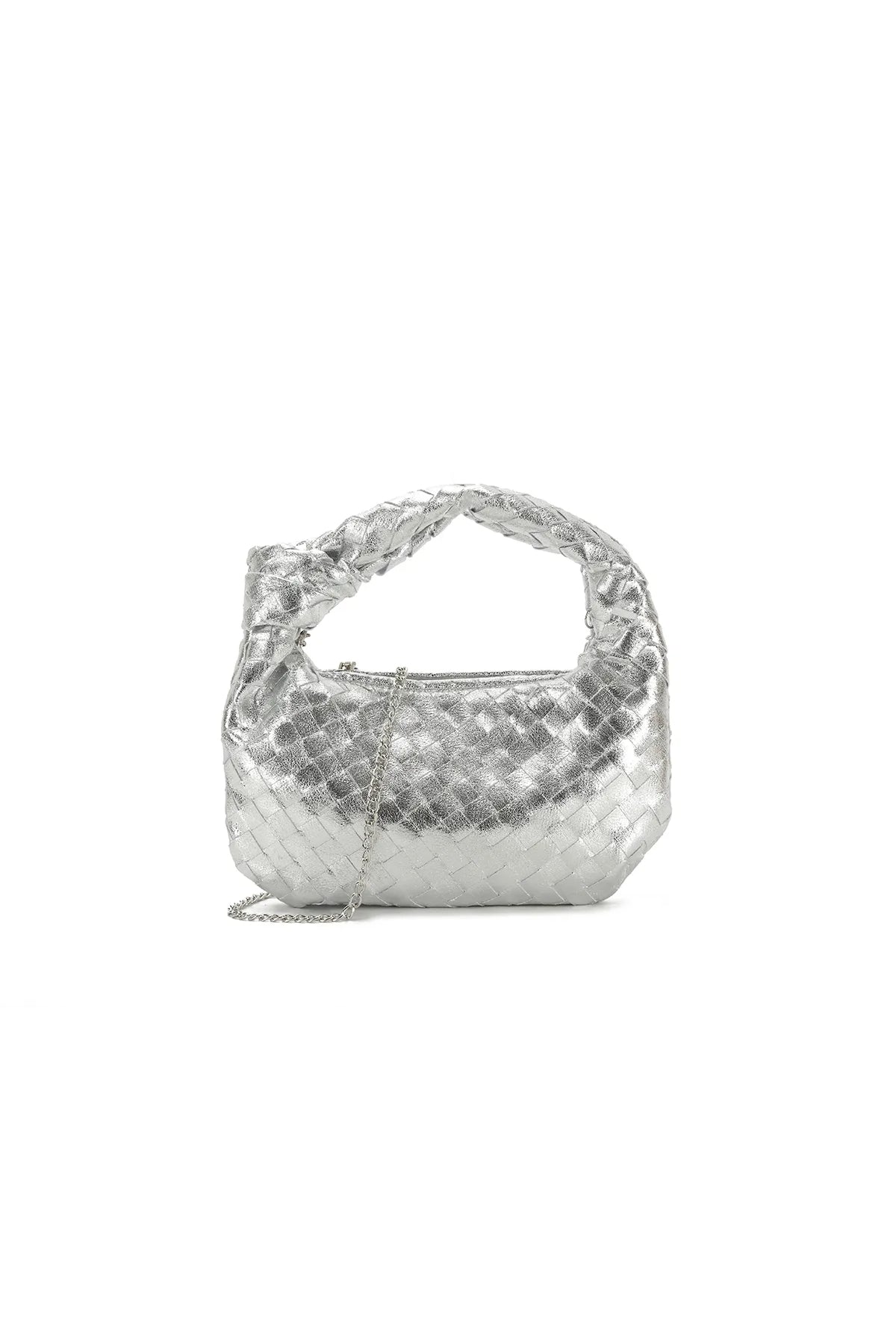 Silver Woven Top Handle Bag with Knot Detail