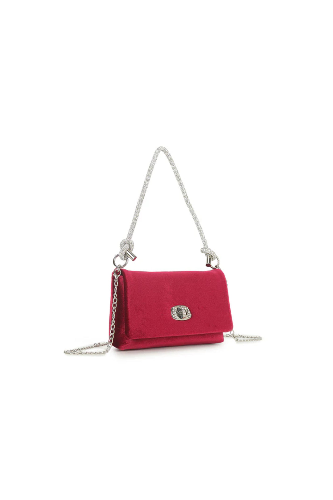 Cherry Red Velvet Small Evening Bag with Silver Knot Handle