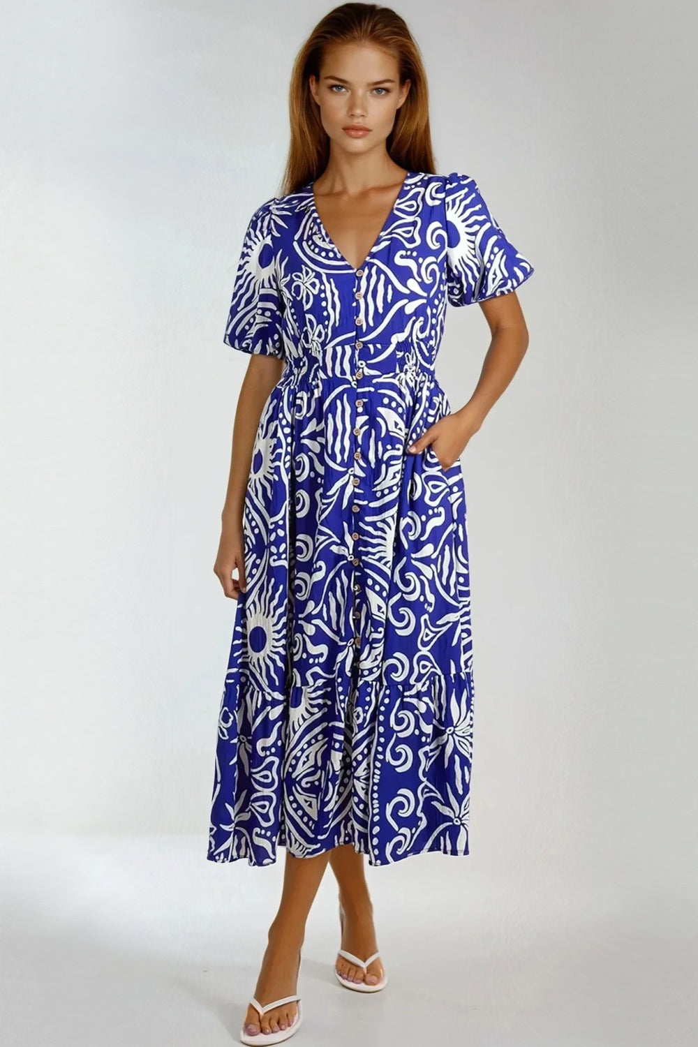 Royal Blue Puff Sleeve Midi Dress