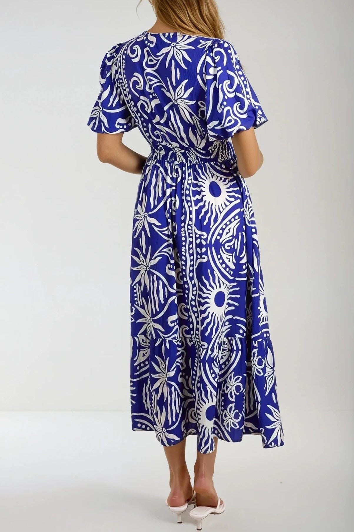 Royal Blue Puff Sleeve Midi Dress