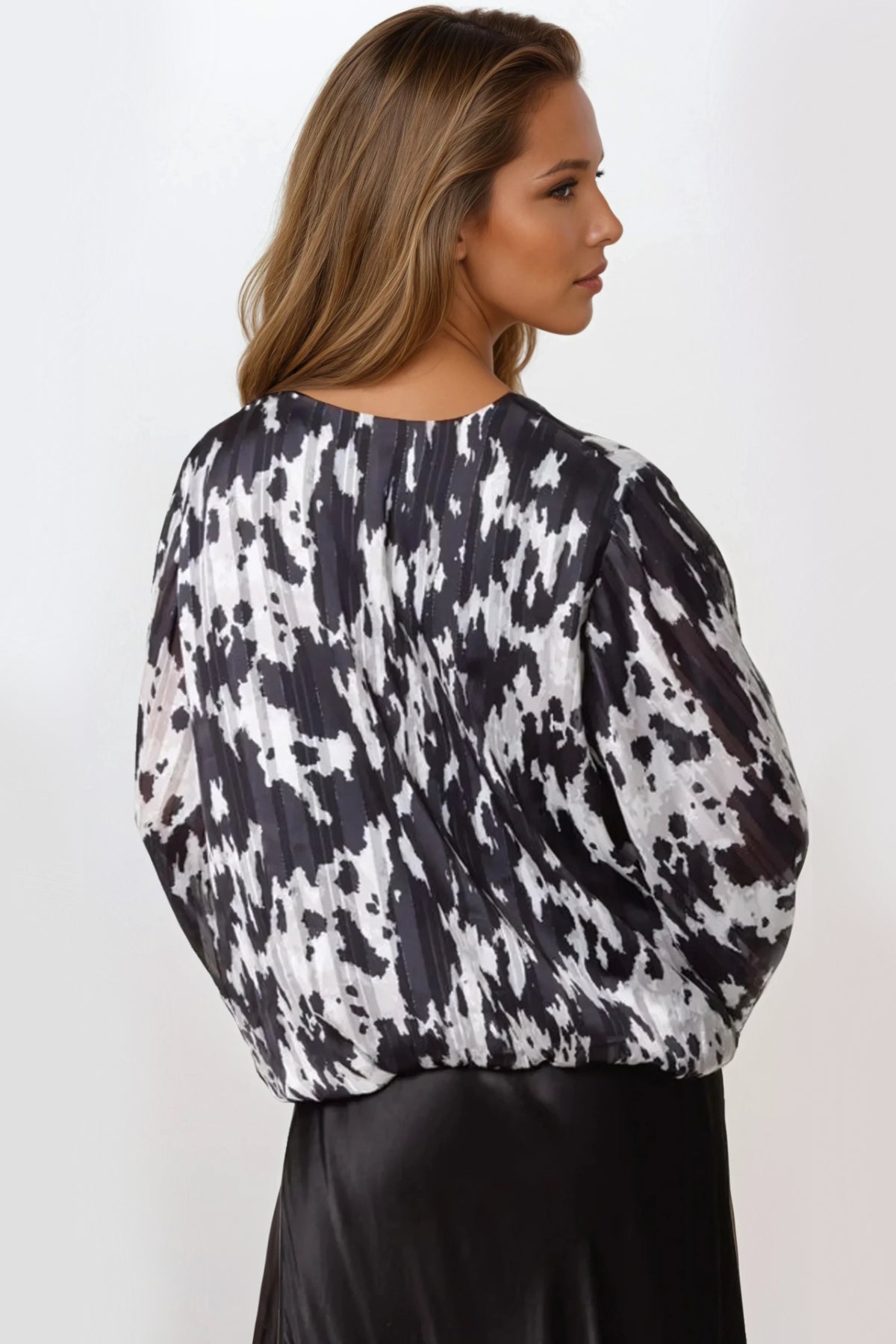 Black Animal Print V Neck Blouse