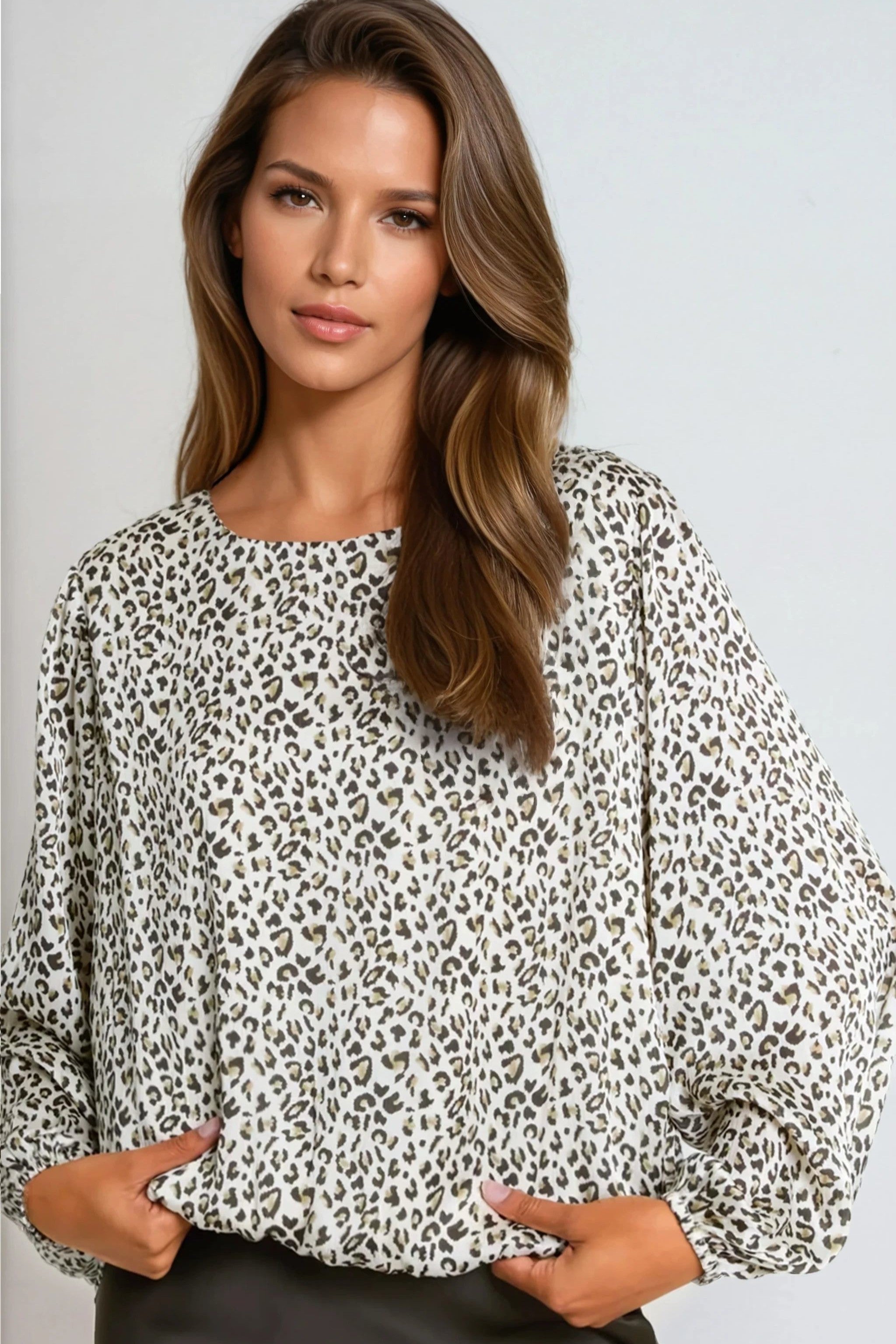 Khaki Leopard Print Round Neck Top
