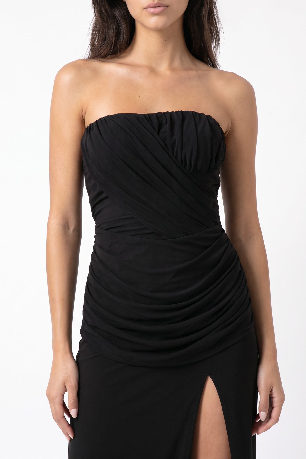 Black Strapless Bandeau Maxi Dress with Draping