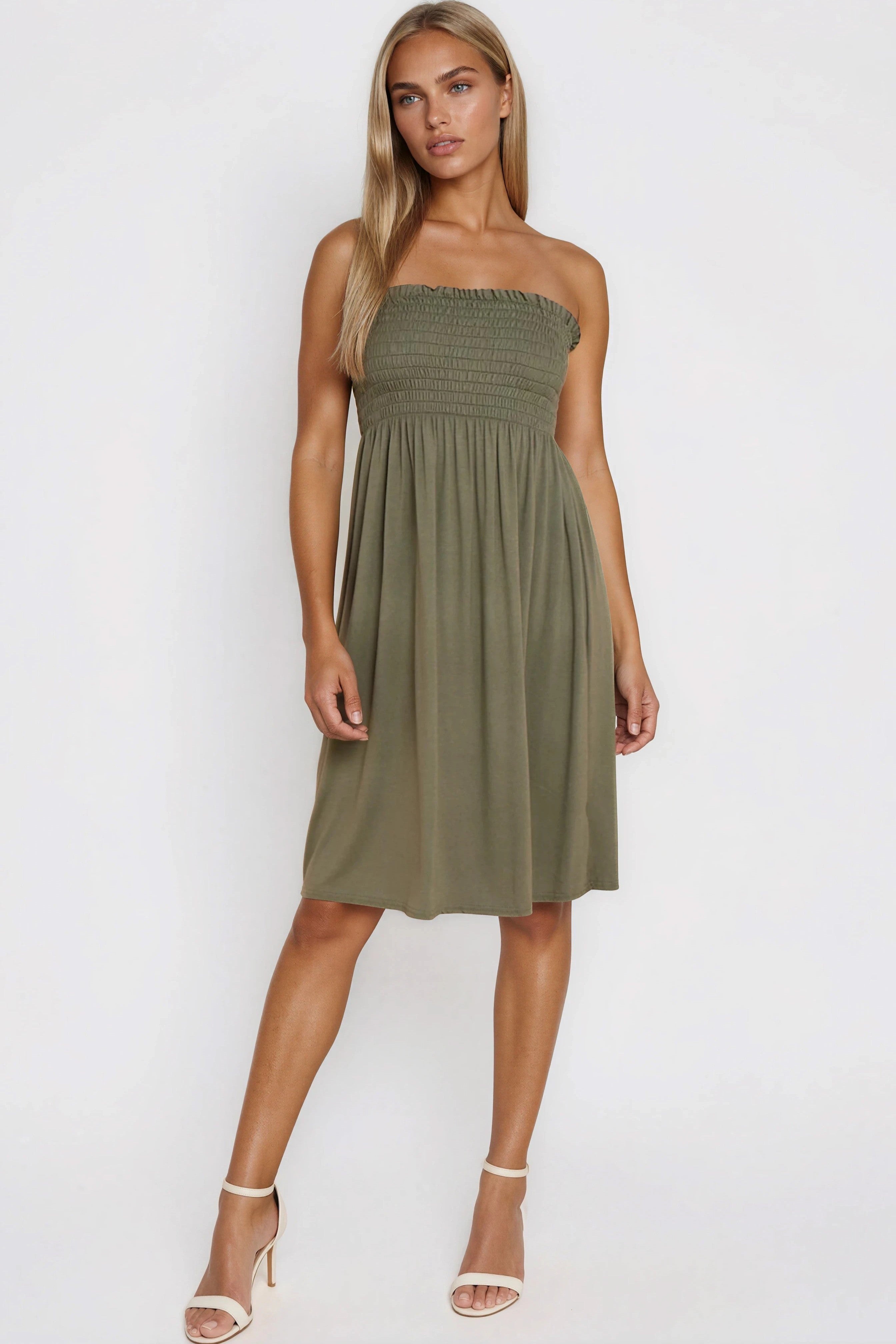 Khaki Shirred Bandeau Mini Dress