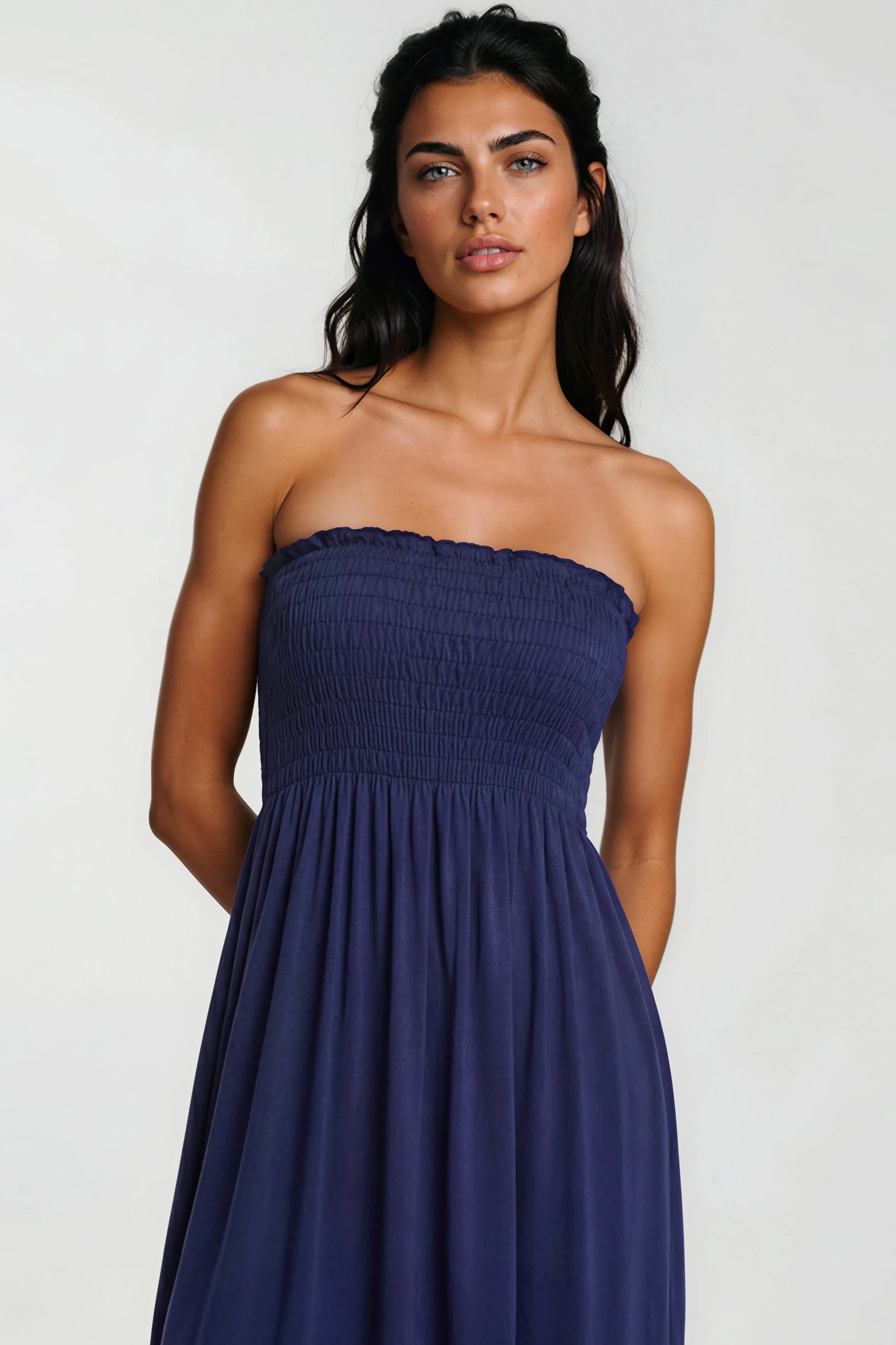 Navy Shirred Bandeau Mini Dress