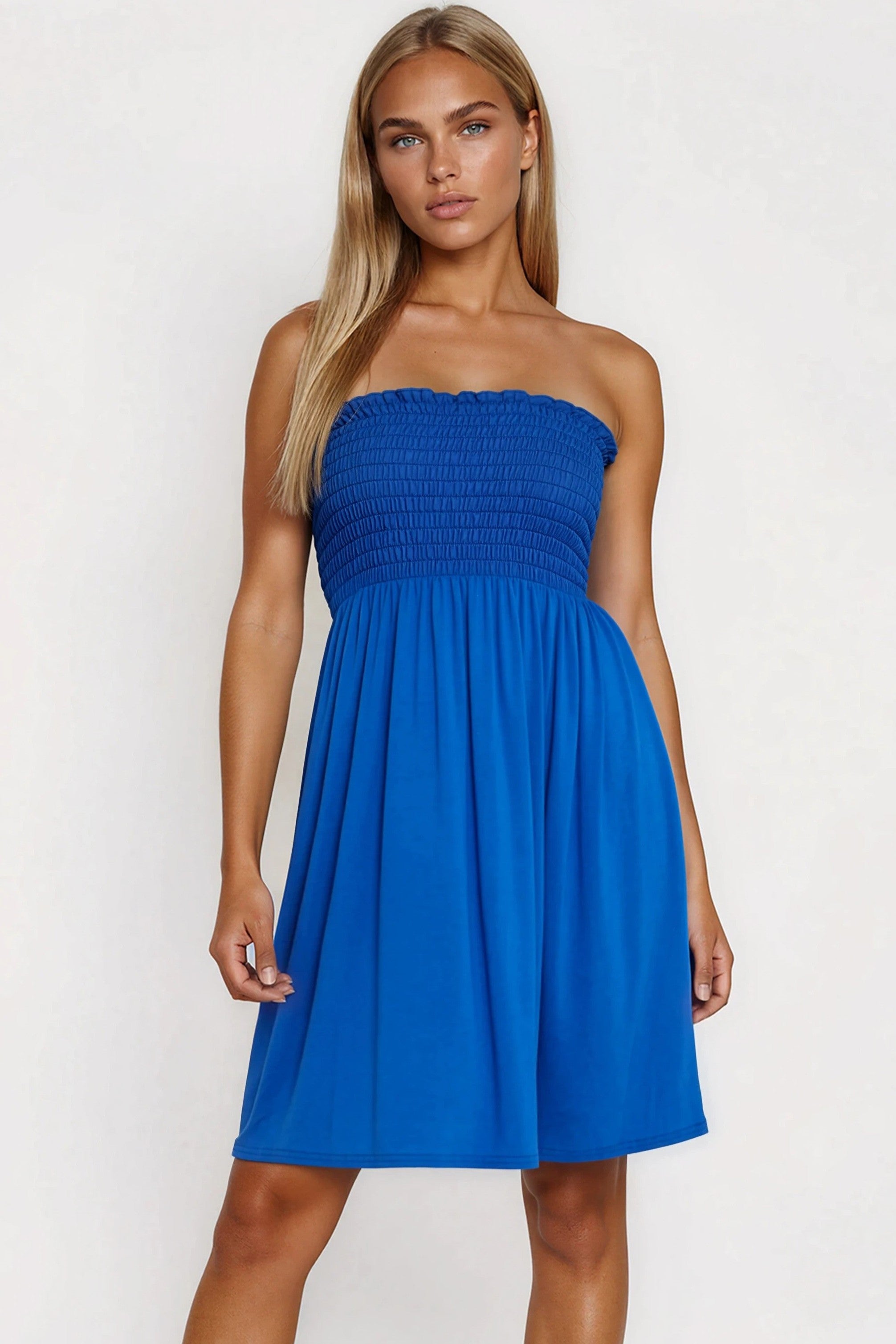 Royal Blue Shirred Bandeau Mini Dress