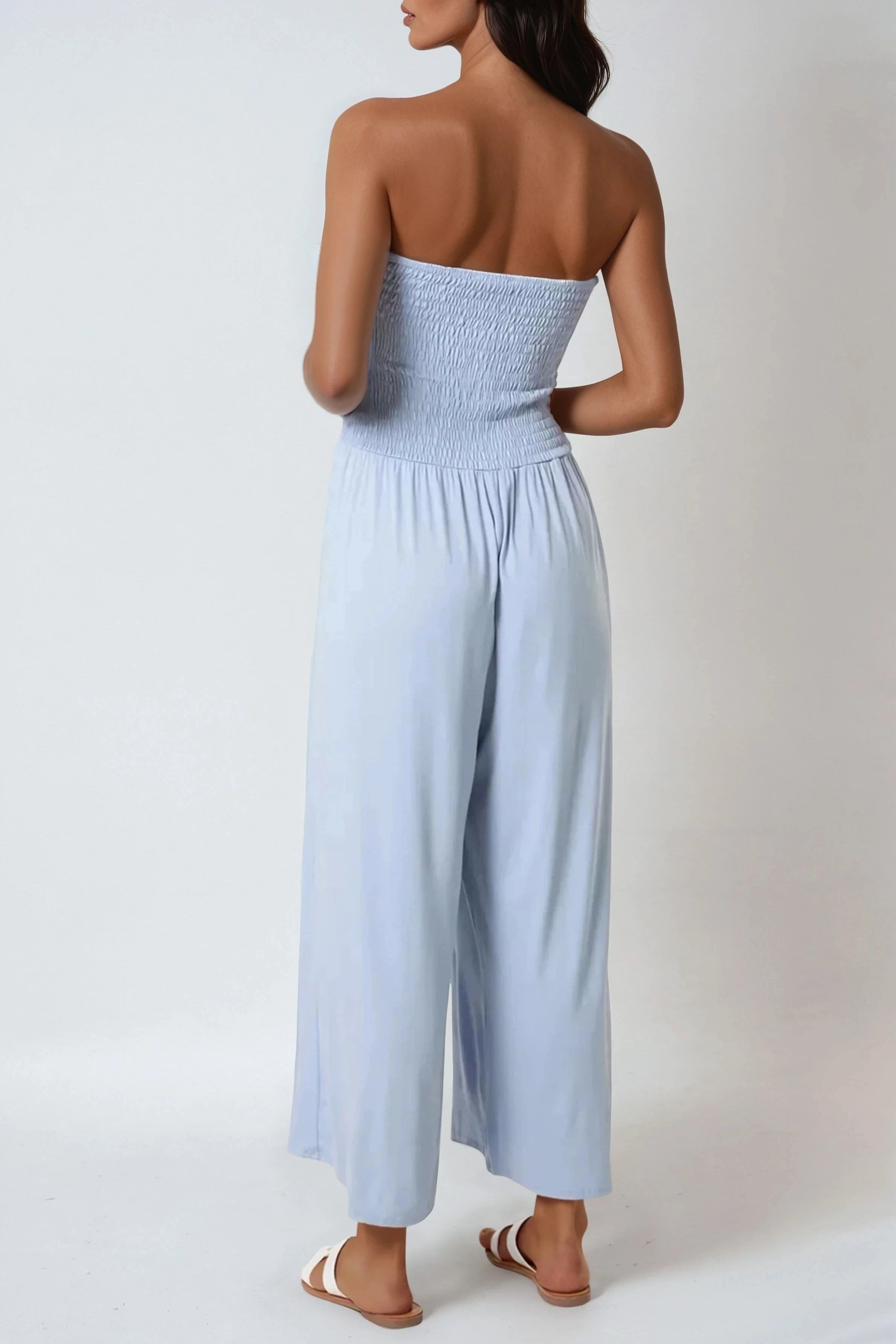 Light Blue Bandeau Shirred Jumpsuit
