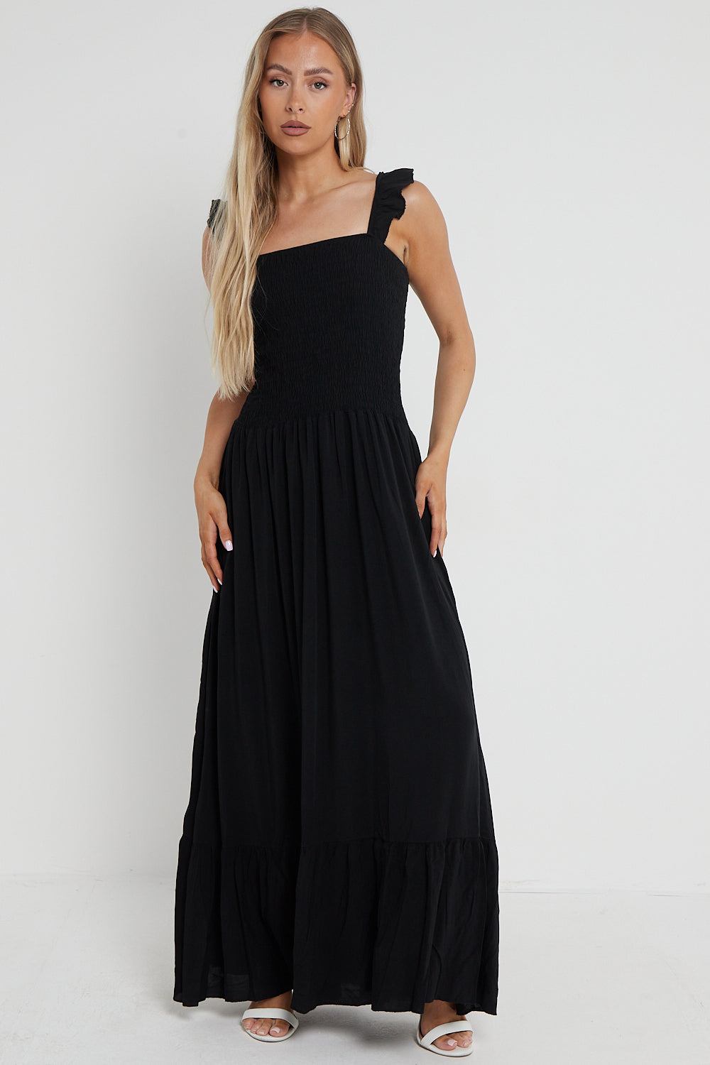 black shirred maxi dress Black Shirred Maxi Dress With Frill