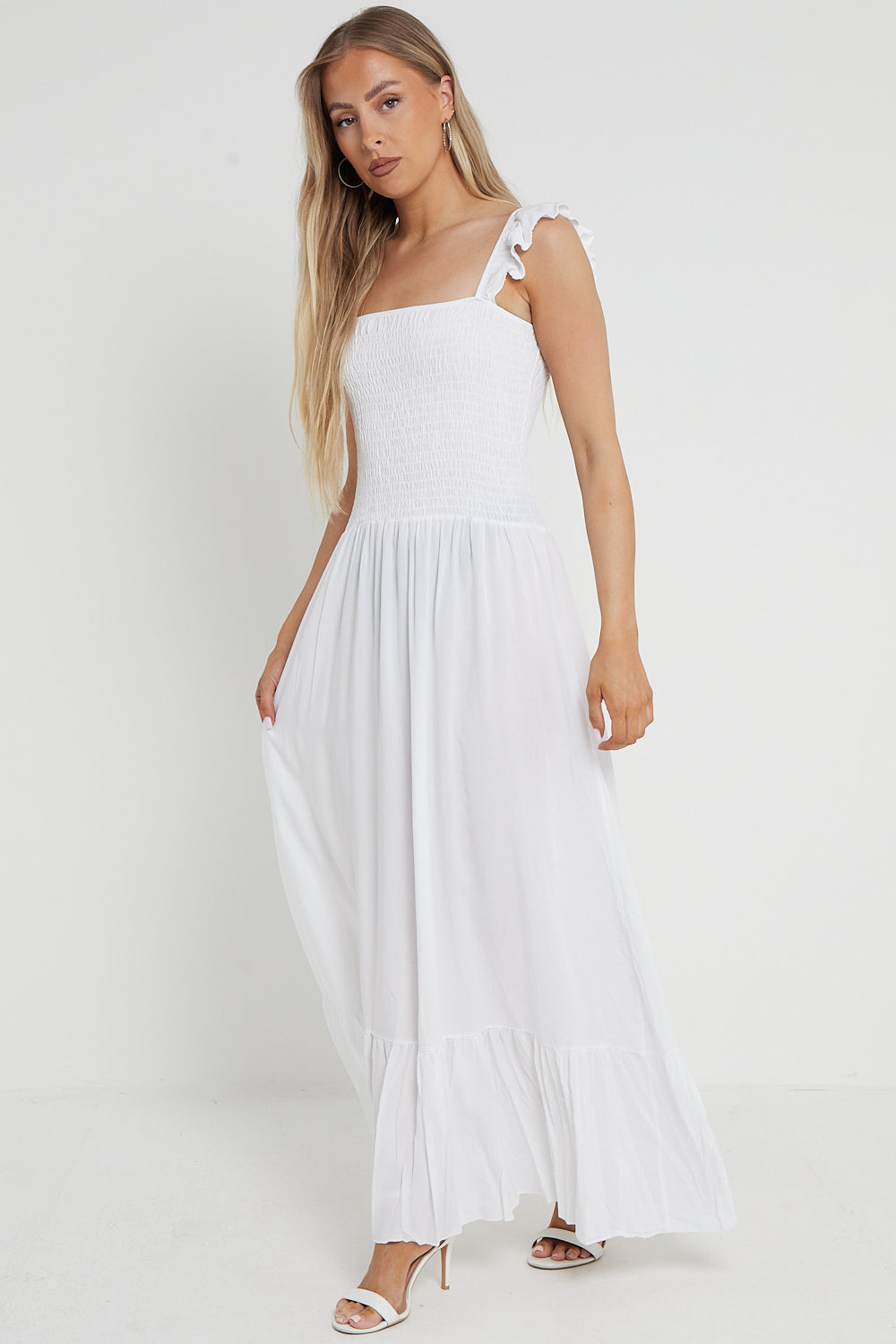 white shirred maxi dress White Shirred Maxi Dress With Frill