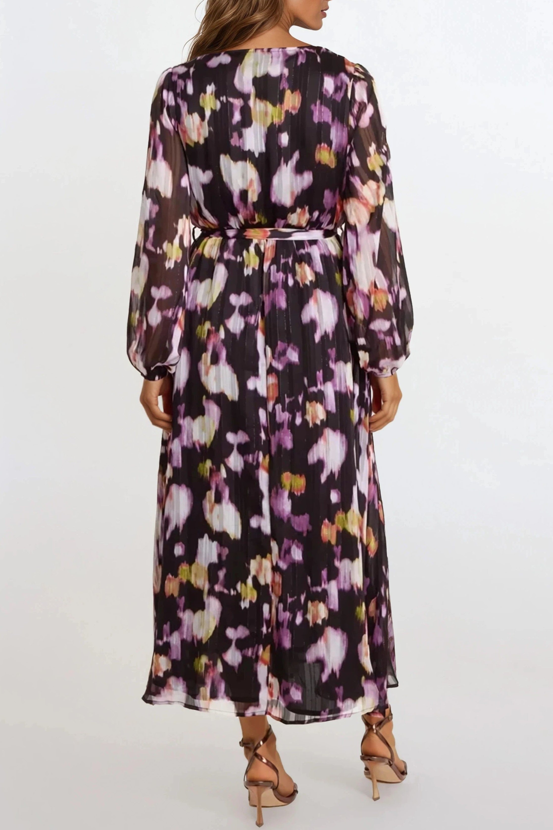 Black Abstract Print Wrap Midi Dress
