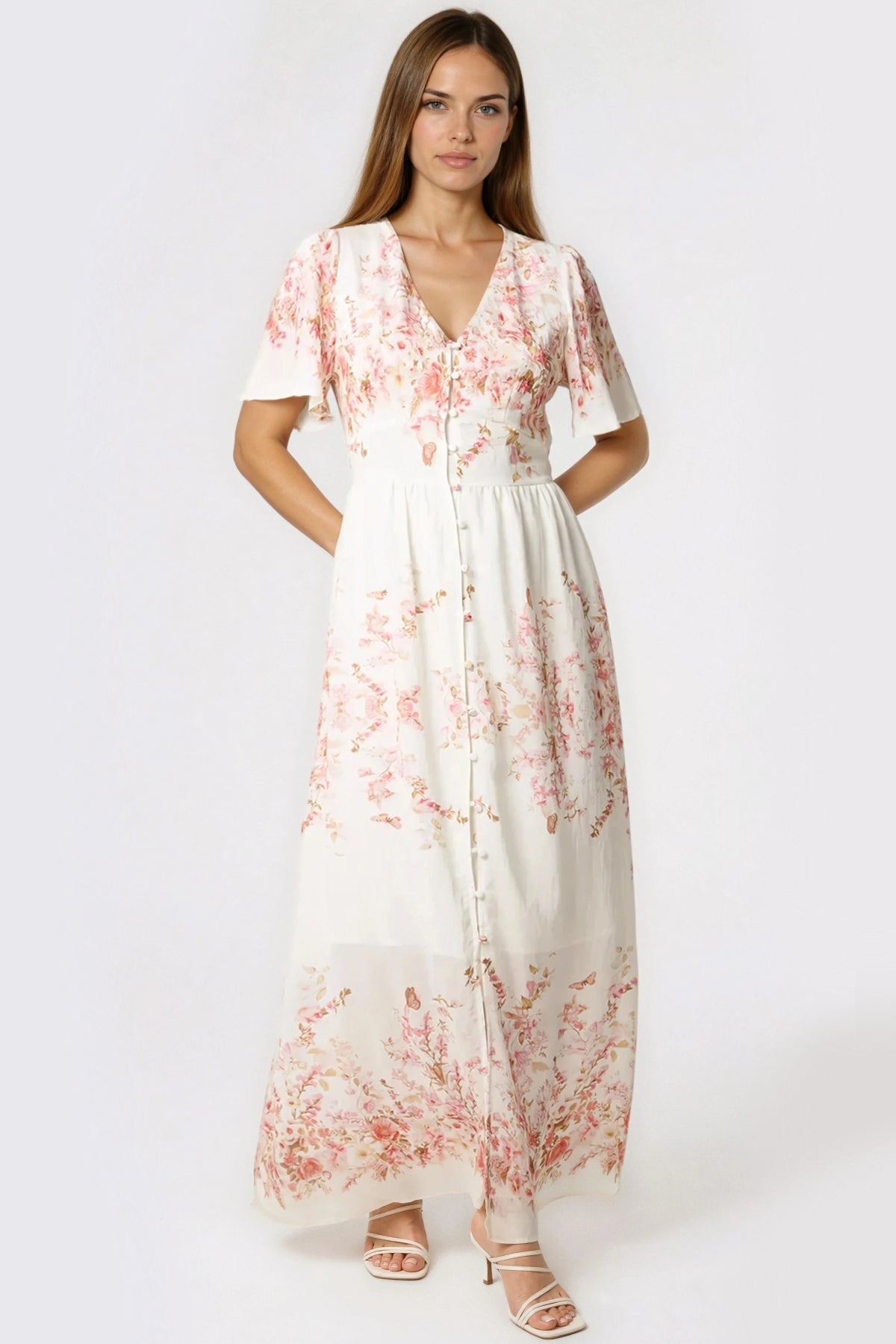 Pink Blossom Button Through Cotton Maxi Dress