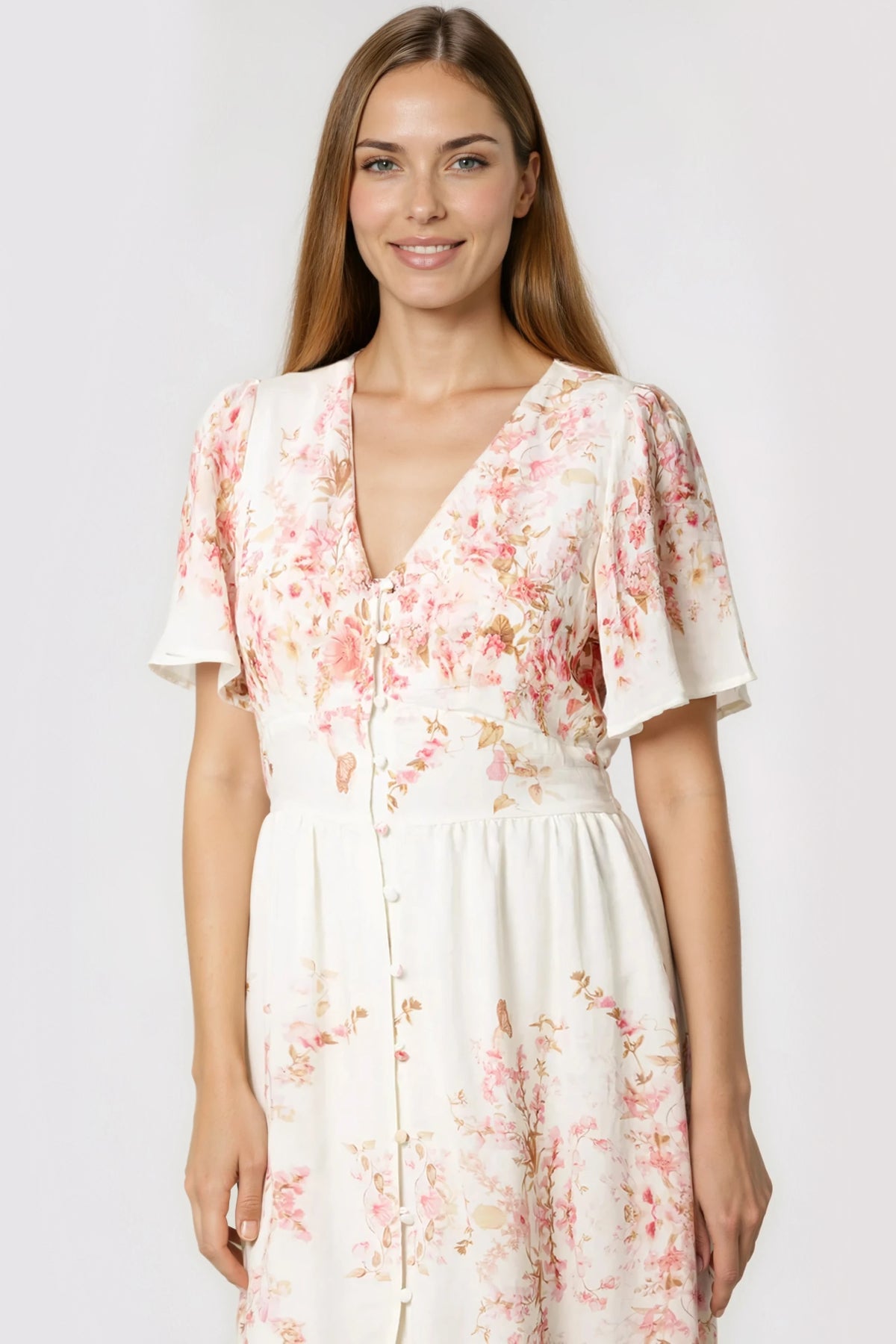 Pink Blossom Button Through Cotton Maxi Dress