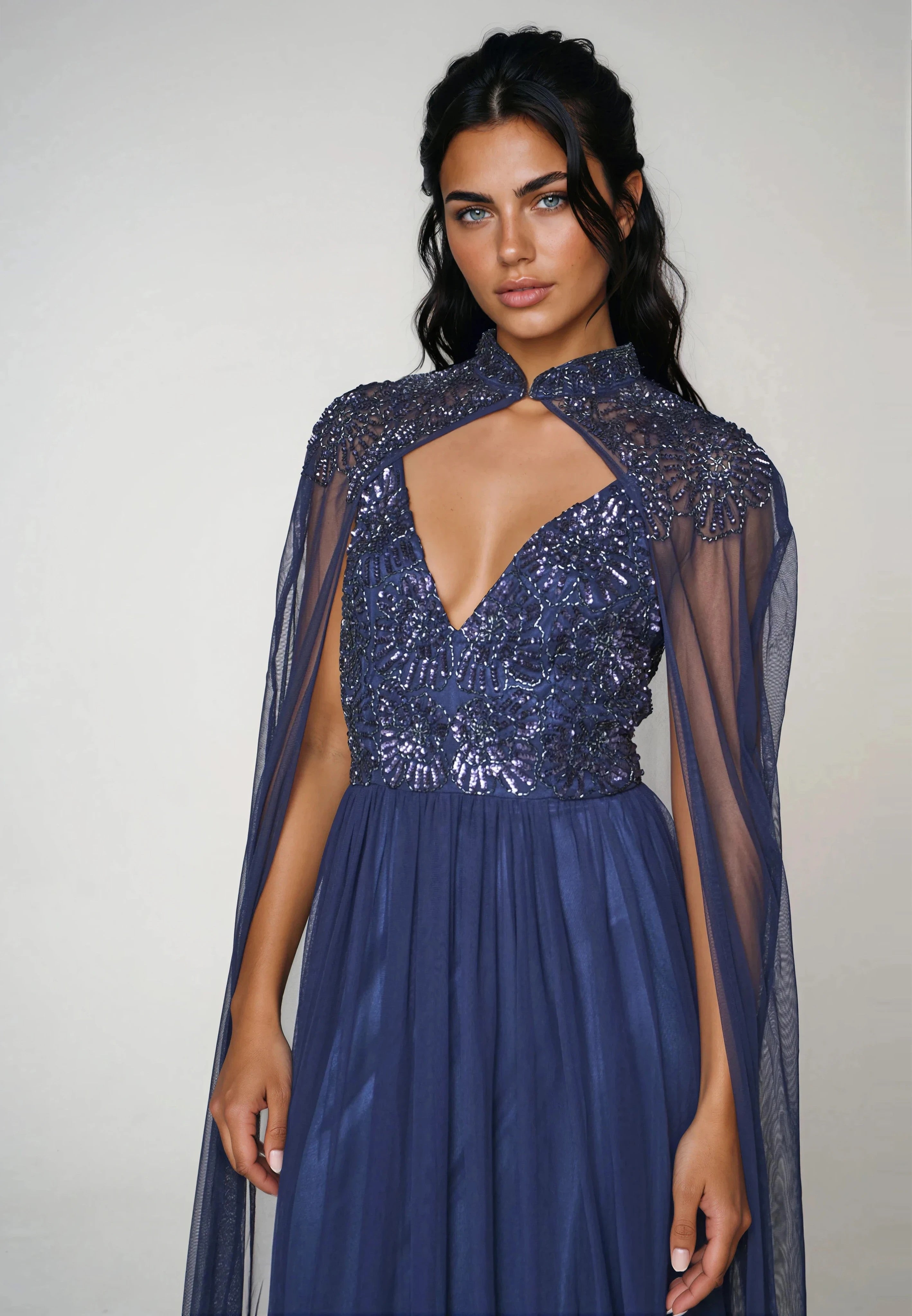 Navy Embellished Strappy Maxi Evening Dress with Detachable Cape
