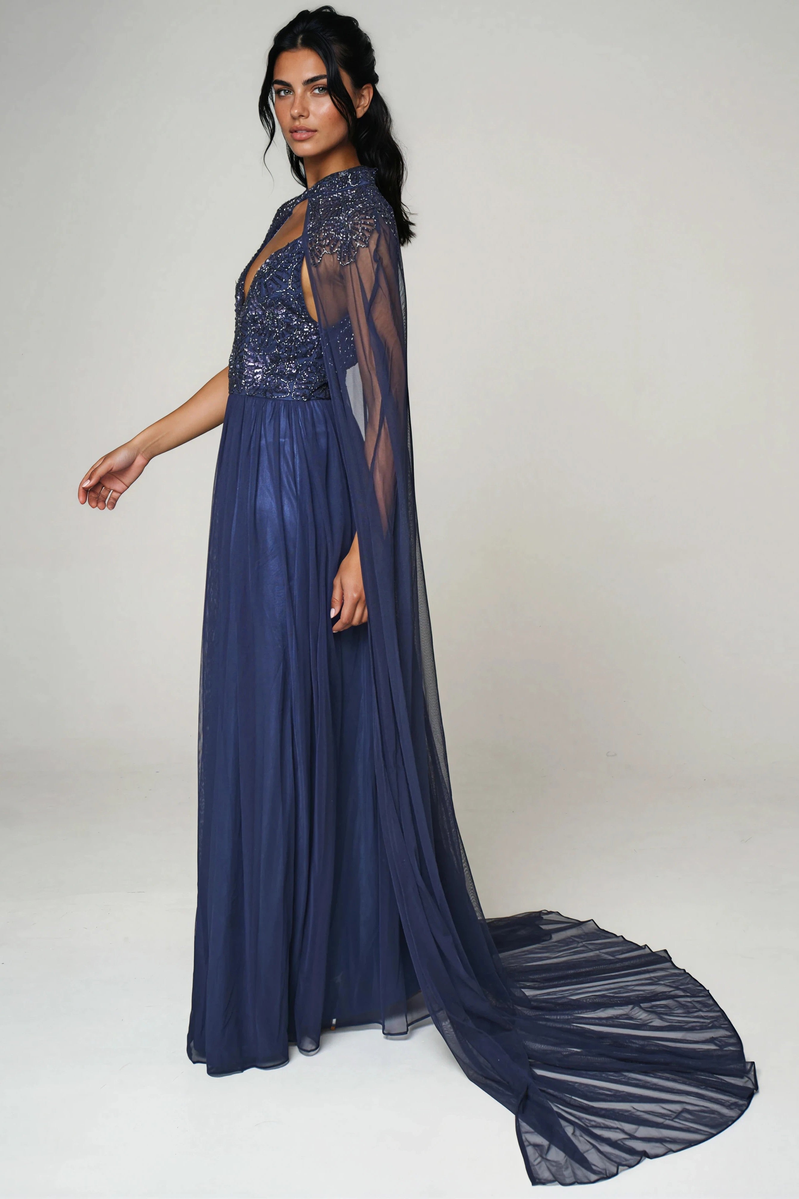Navy Embellished Strappy Maxi Evening Dress with Detachable Cape