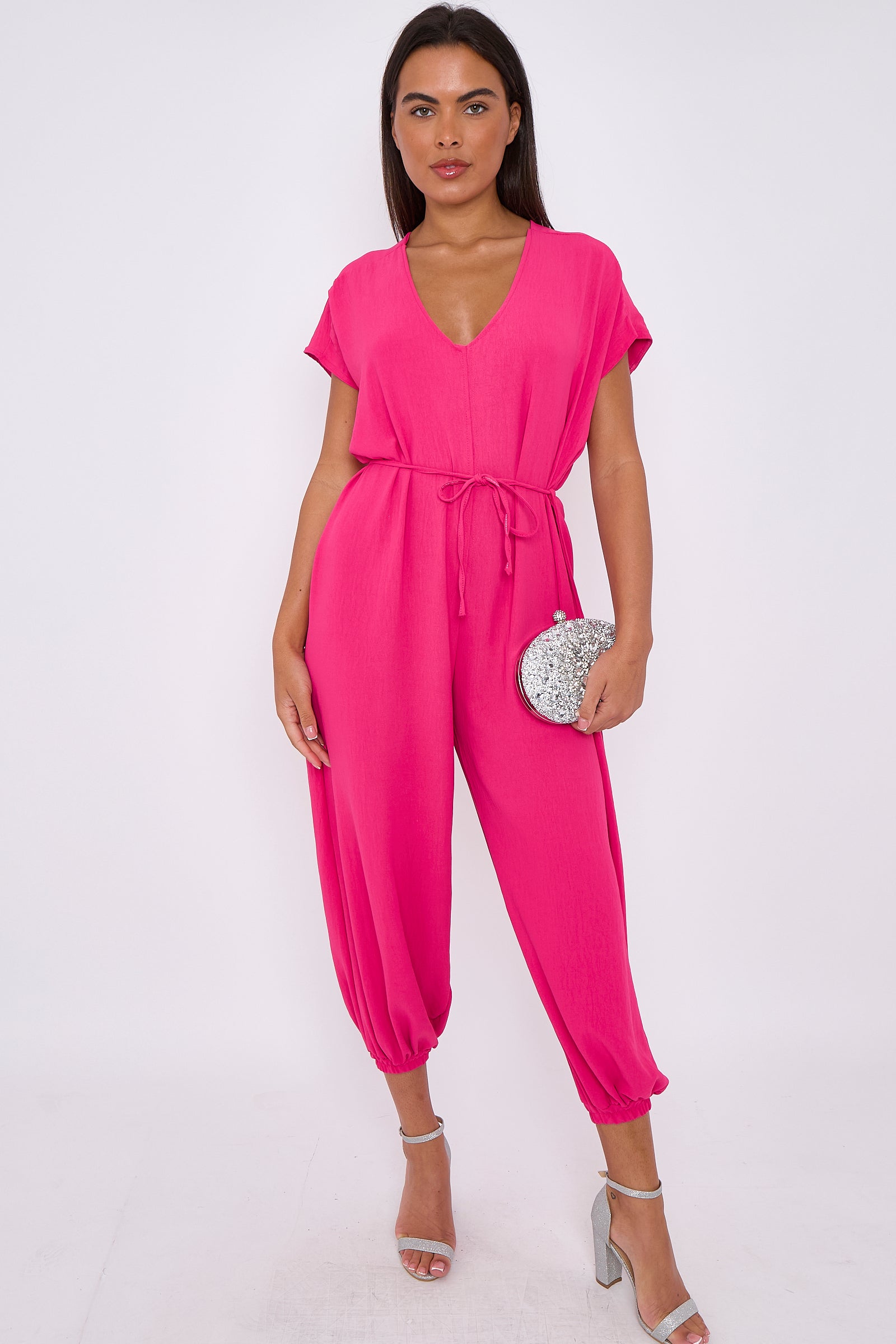 Fuchsia V-Neck Belted Jumpsuit