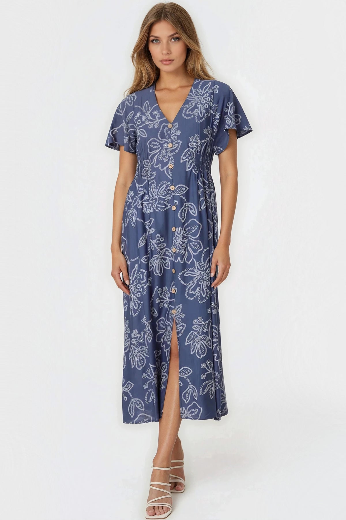 Denim Blue Floral Midi Dress