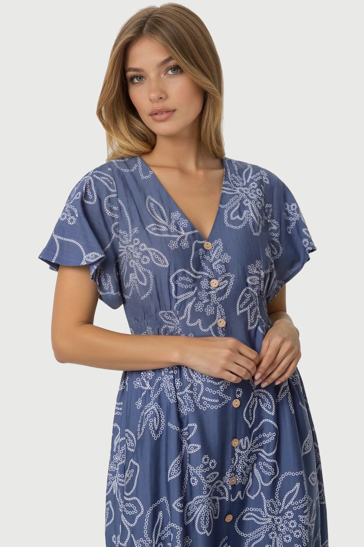 Denim Blue Floral Midi Dress