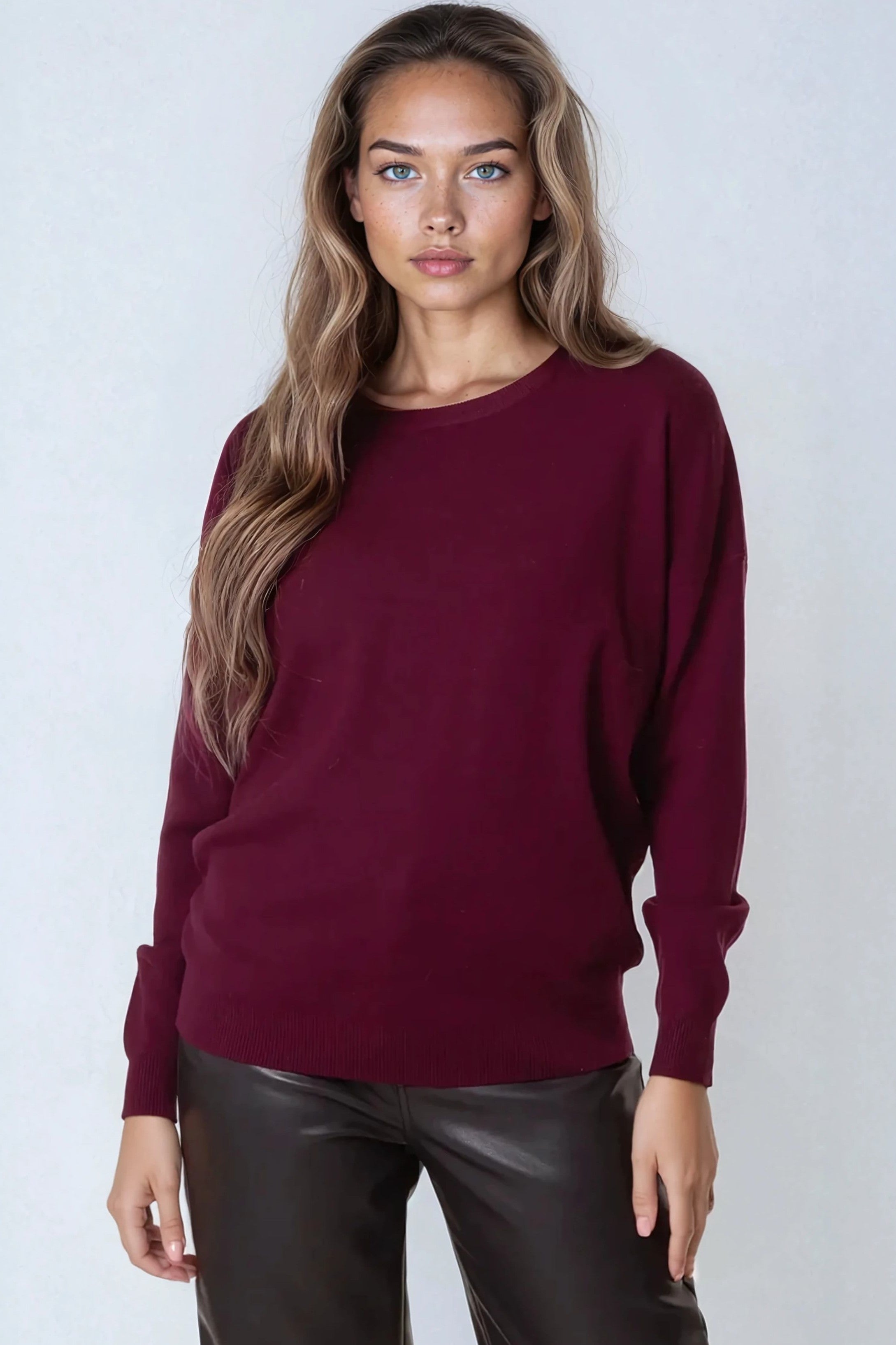 Burgundy Crew Neck Fine Knit Jumper