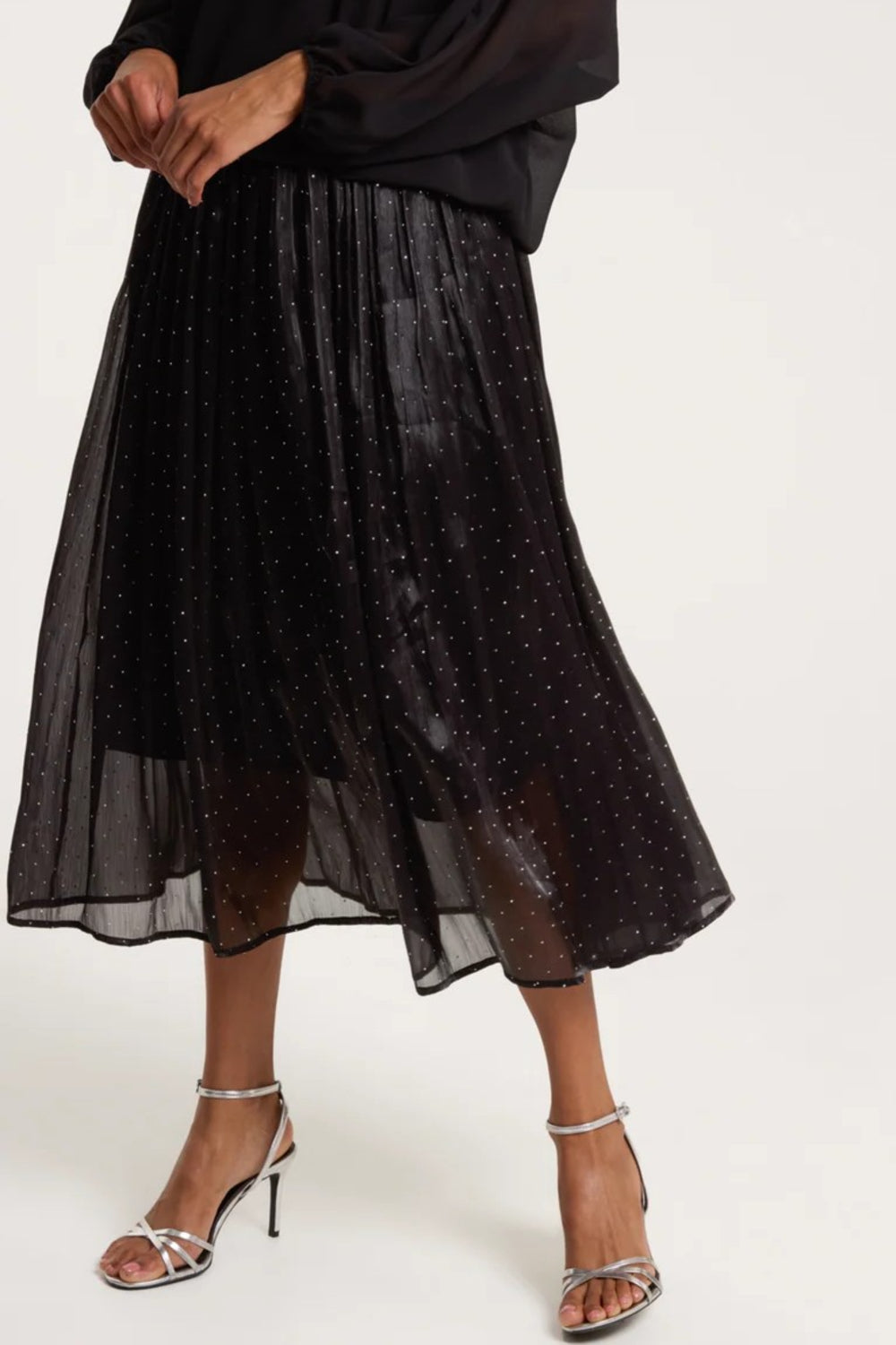 Black Diamante Embellished Pleated Midi Skirt