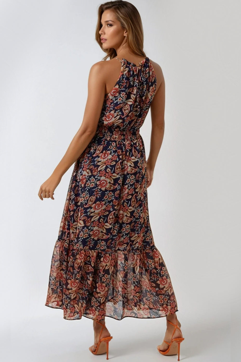 Navy Floral Print Halterneck Dress