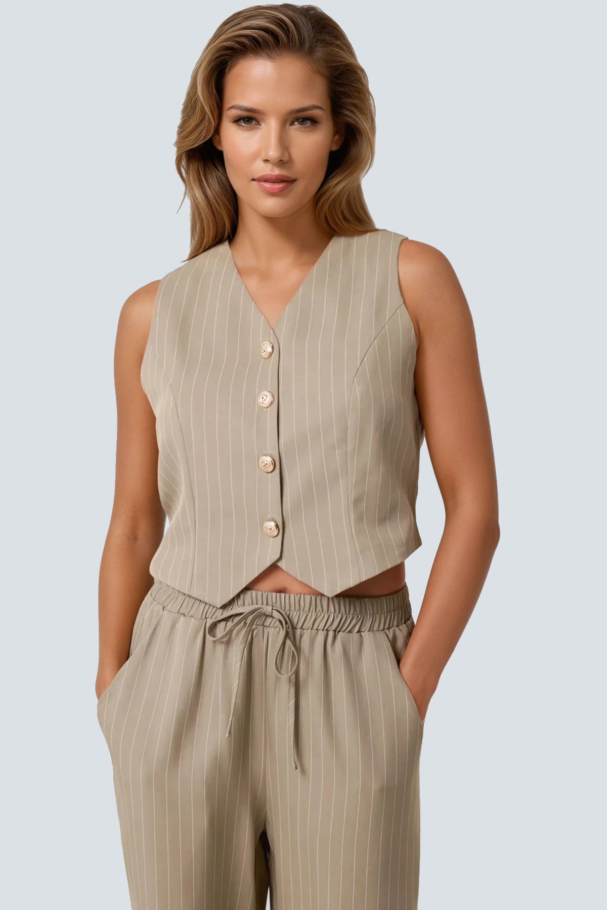 Khaki Pinstripe Wide Leg Trousers and Waistcoat Set
