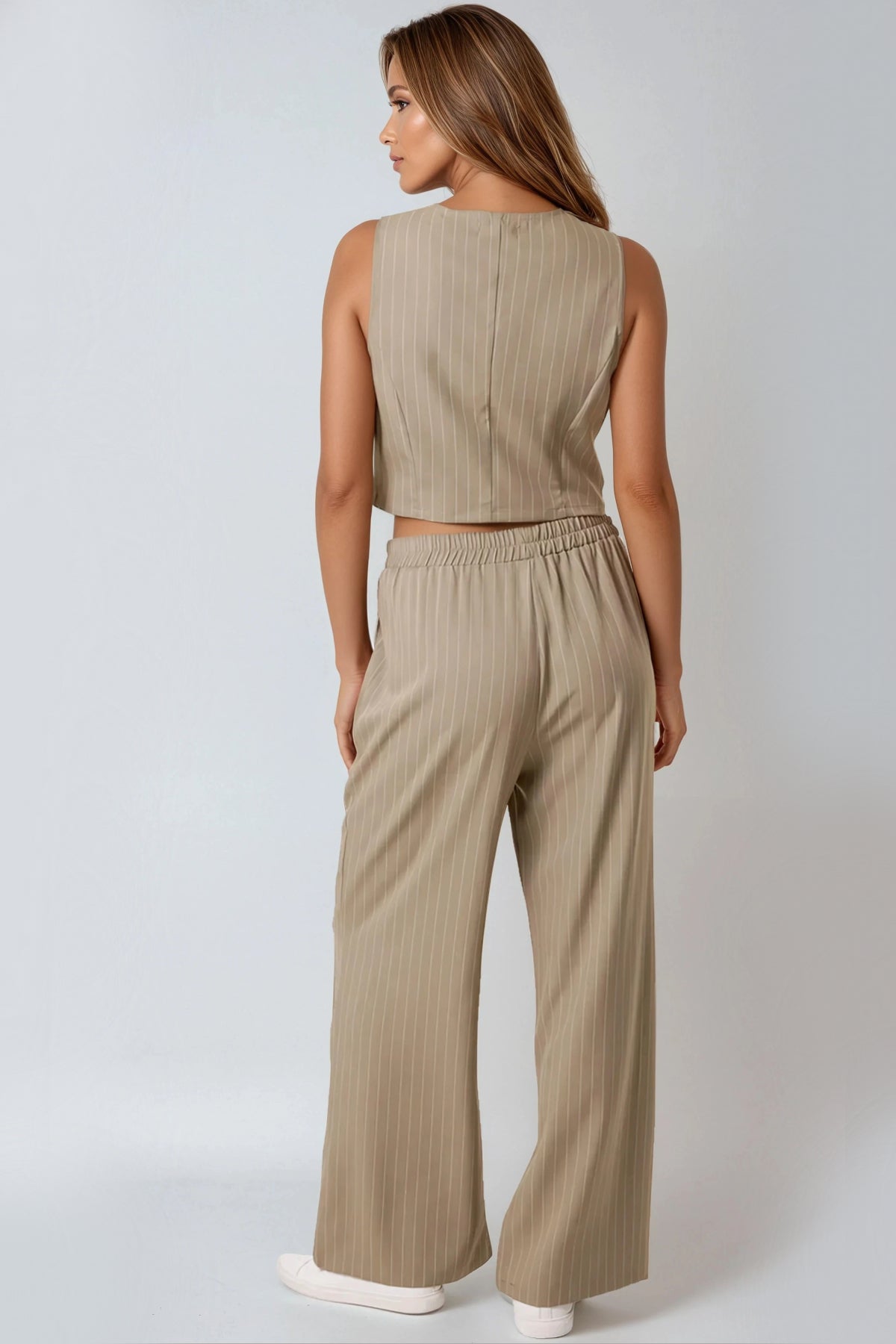 Khaki Pinstripe Wide Leg Trousers and Waistcoat Set