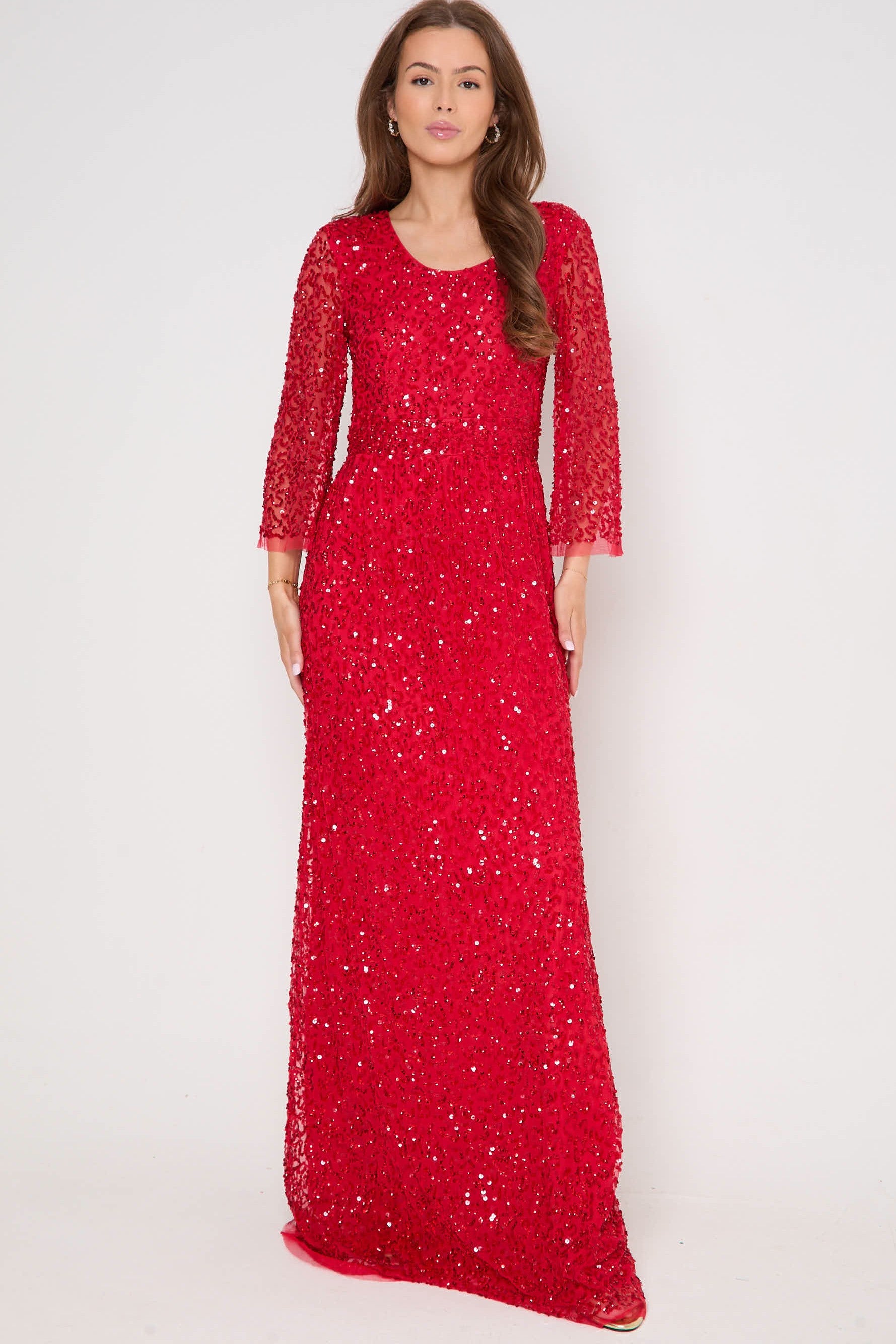 fashion nova melted crayon dress Geneva Red Long Sleeve Sequin Mini Dress – Get That Trend main image 1