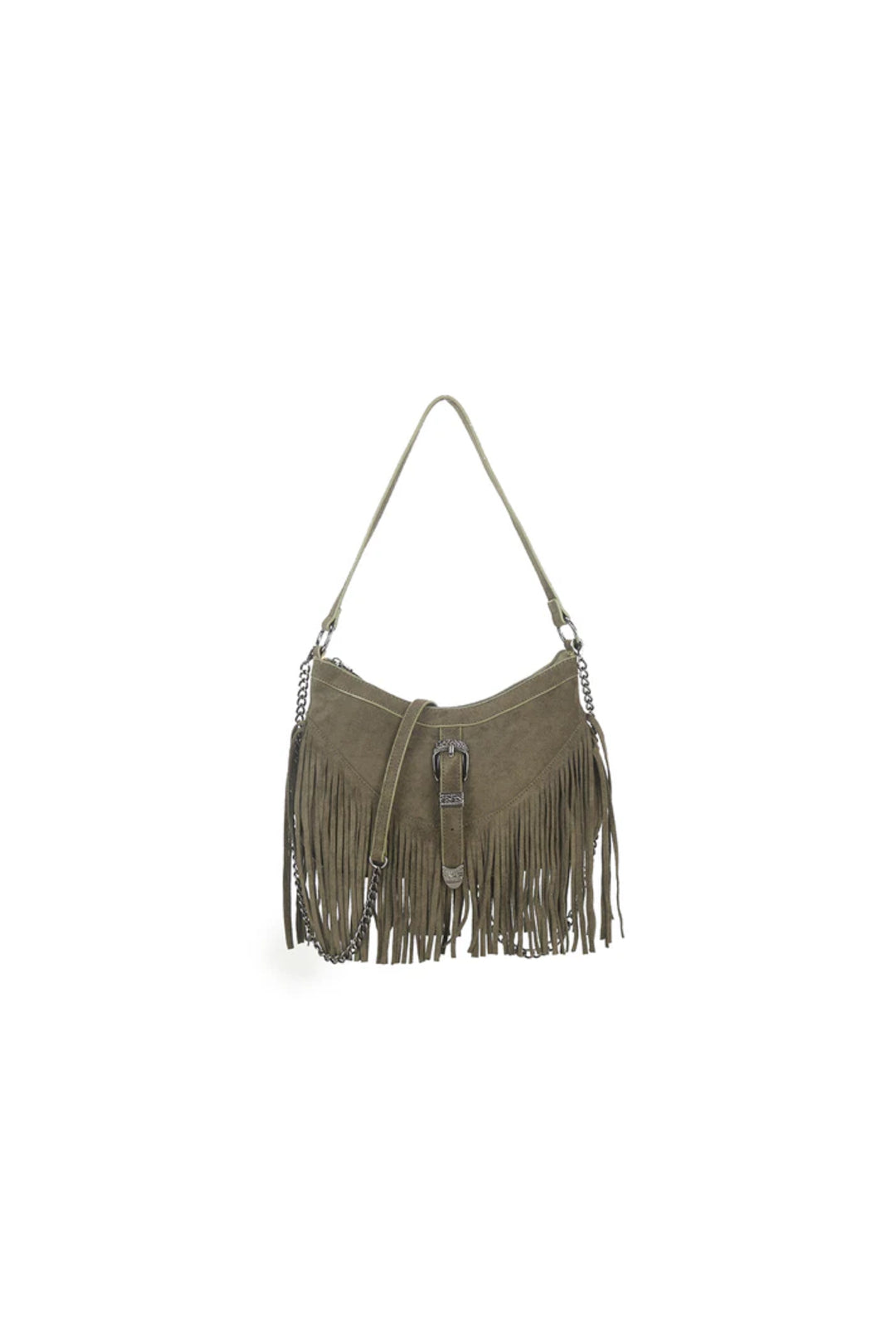 Olive Faux Suede Fringe Handbag