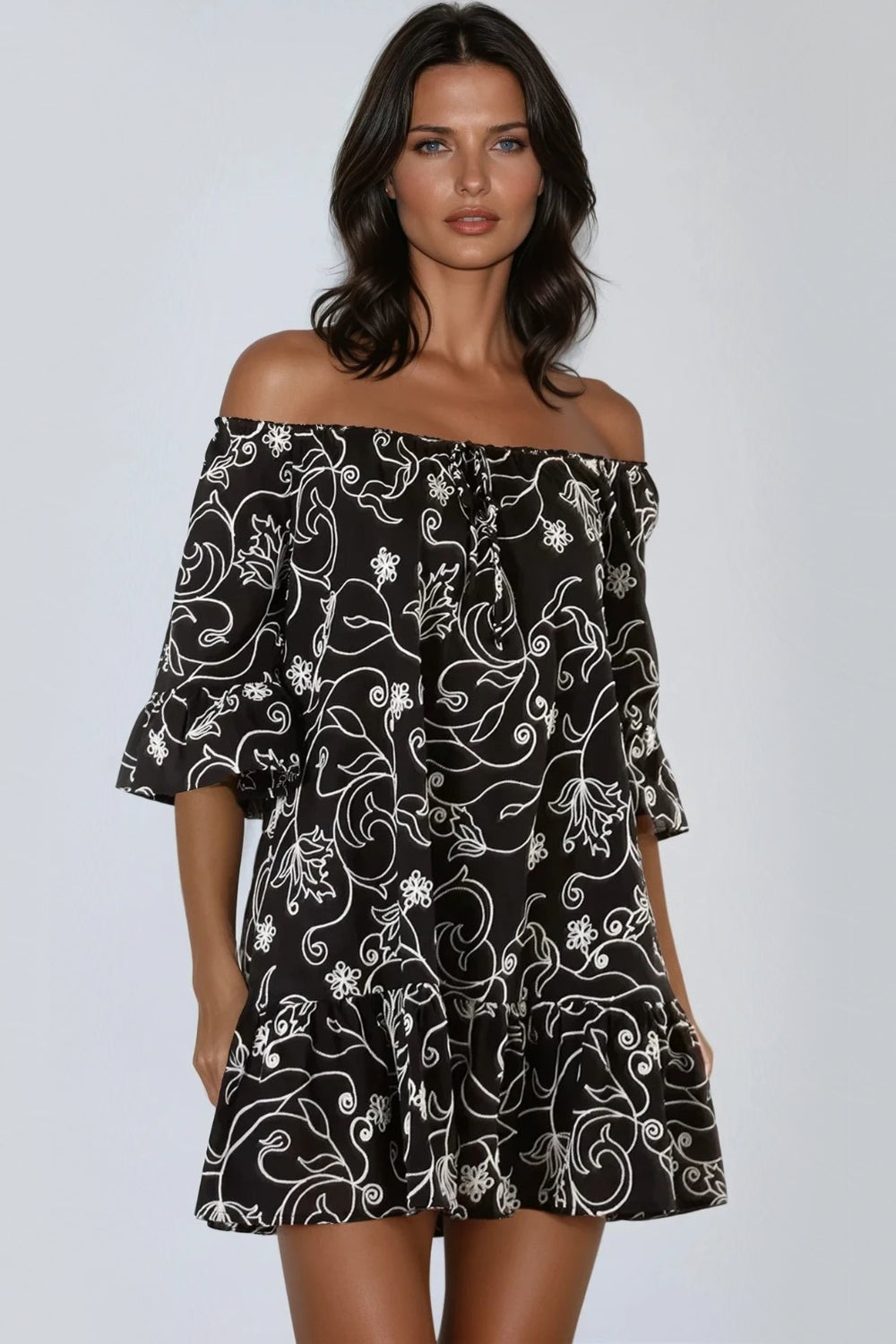 Black Flower Embroidered Bardot Mini Dress Black Flower Embroidered Bardot Mini Dress