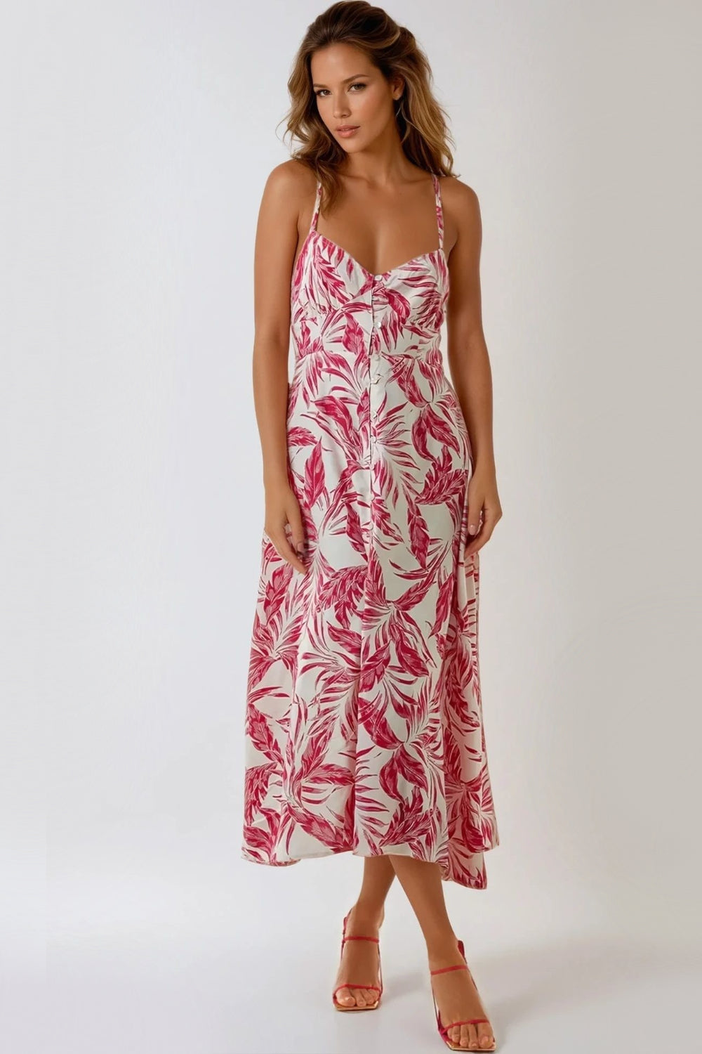 Pink Leaf Print Lace Up Back Midi Dress