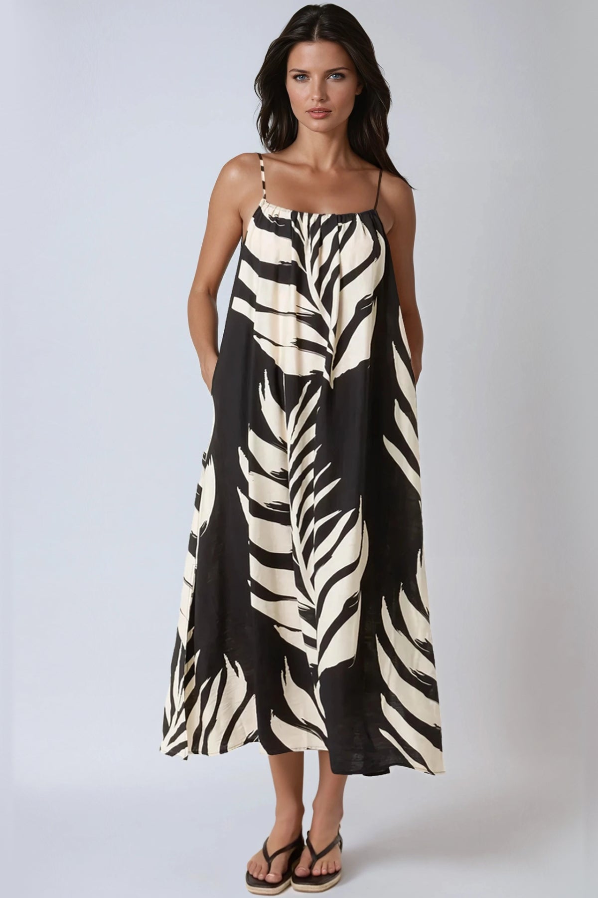 Black Leaf Print Strappy Dress