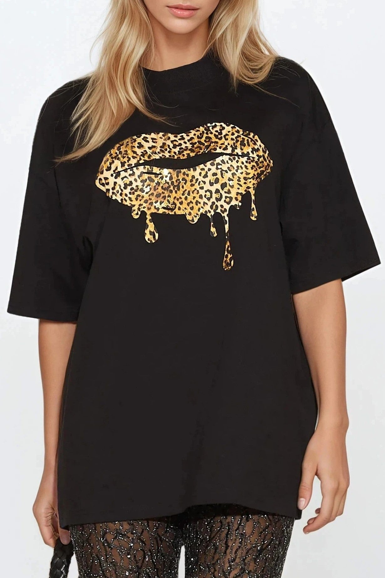 Black Leopard Print Oversized T-Shirt