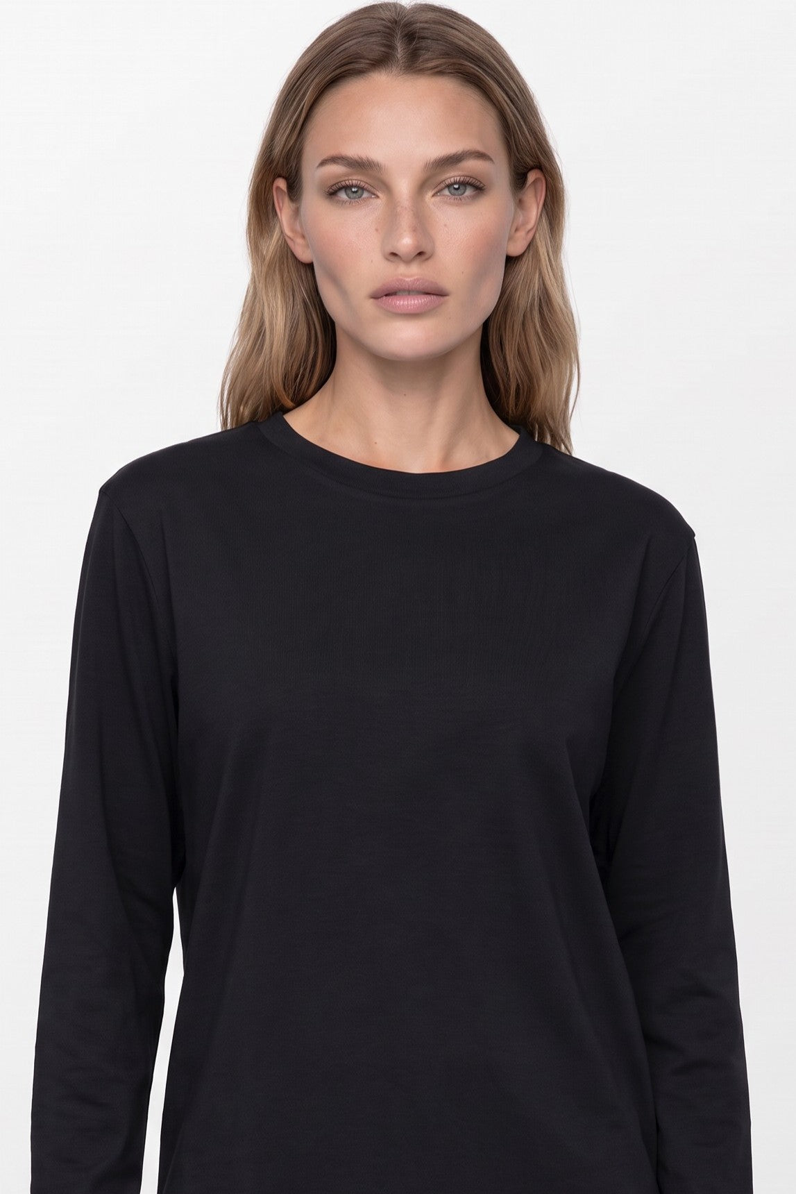 Black Cotton Long Sleeve Round Neck Top