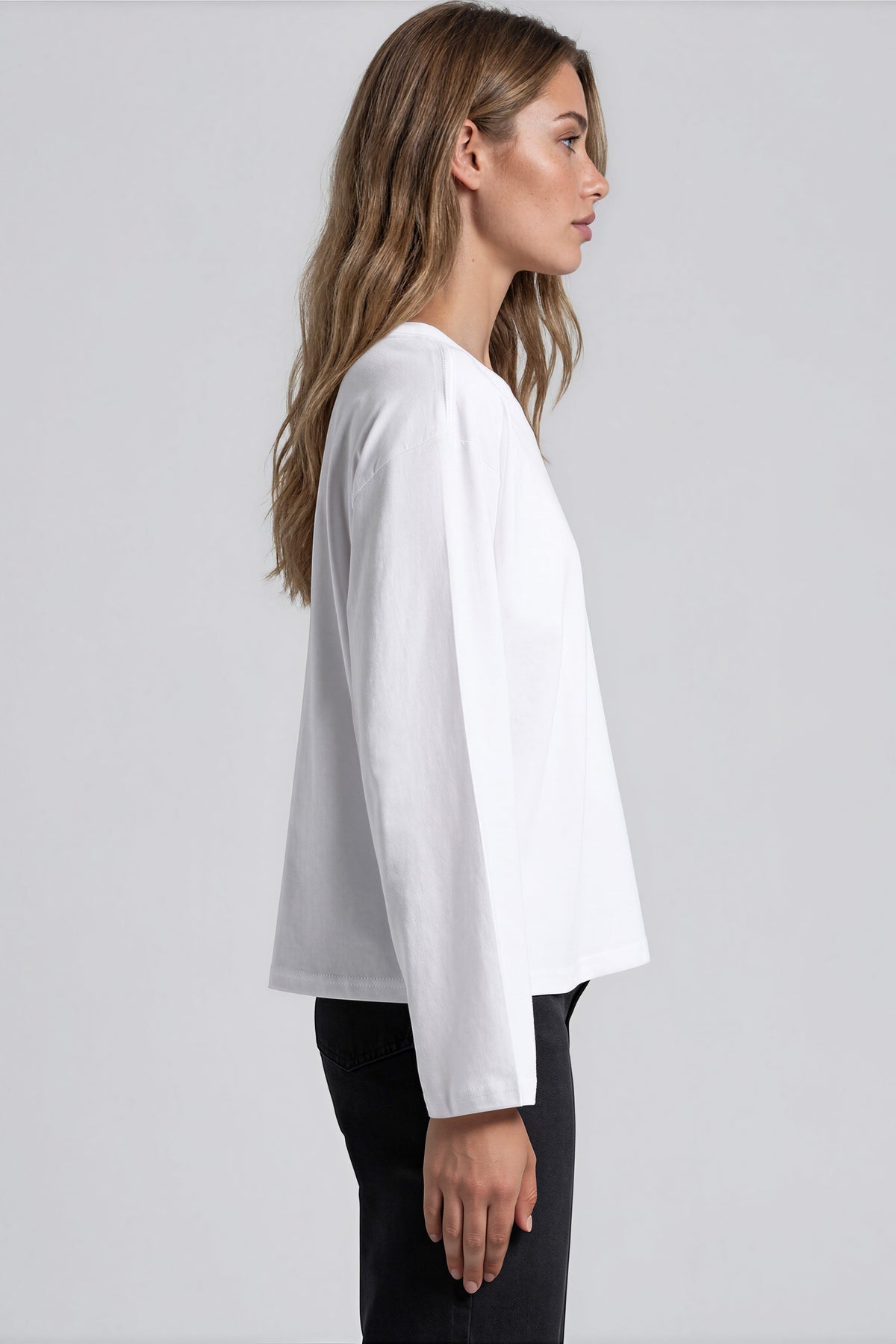 White Cotton Long Sleeve Round Neck Top
